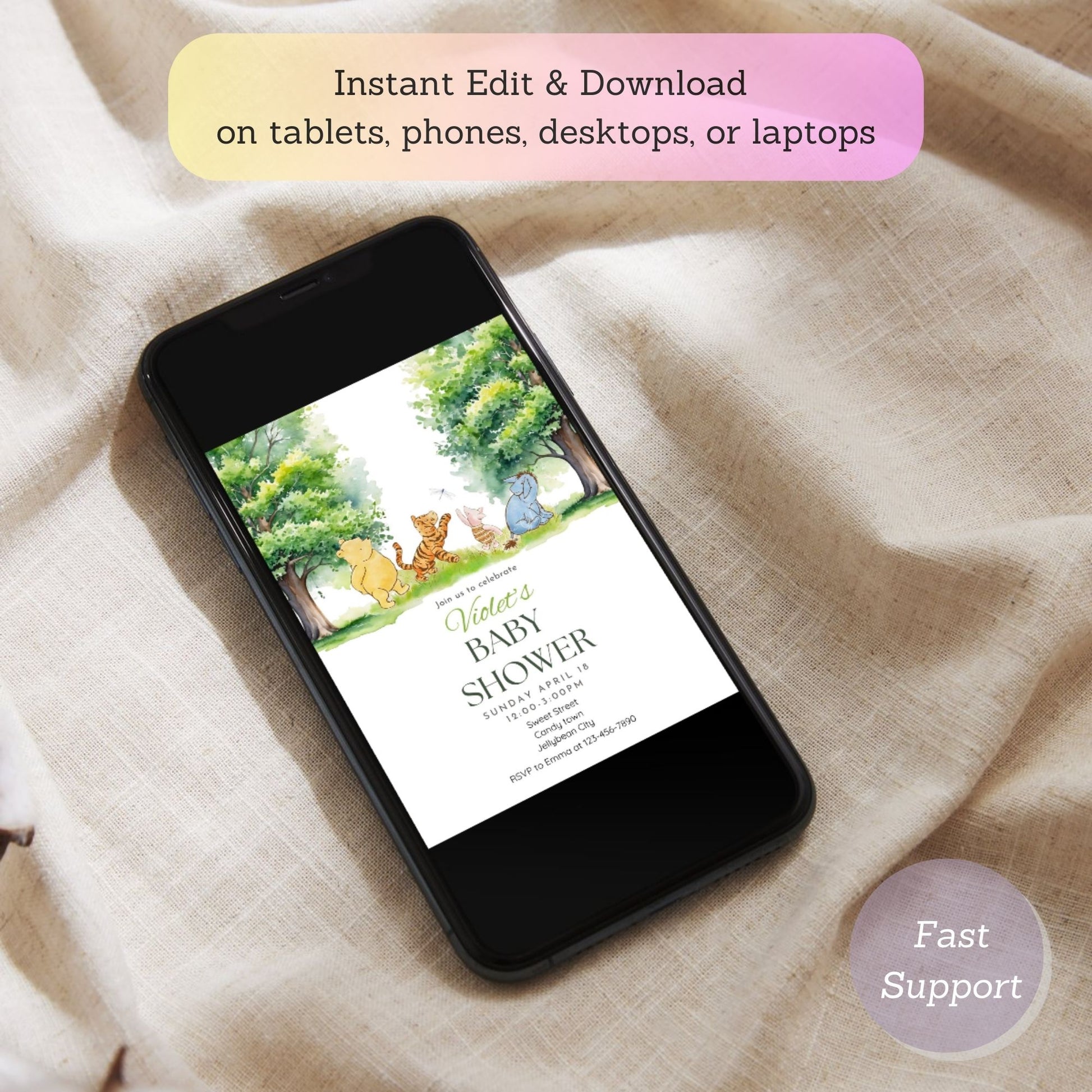 Classic Pooh bear baby shower invite with woodland decor.