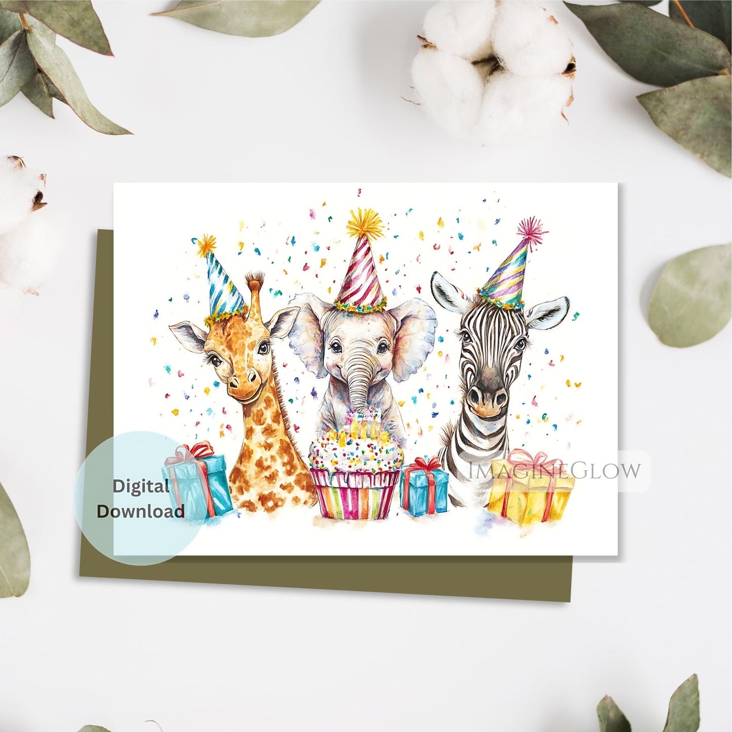 Birthday card with giraffe, elephant, and zebra wearing party hats on a white background.