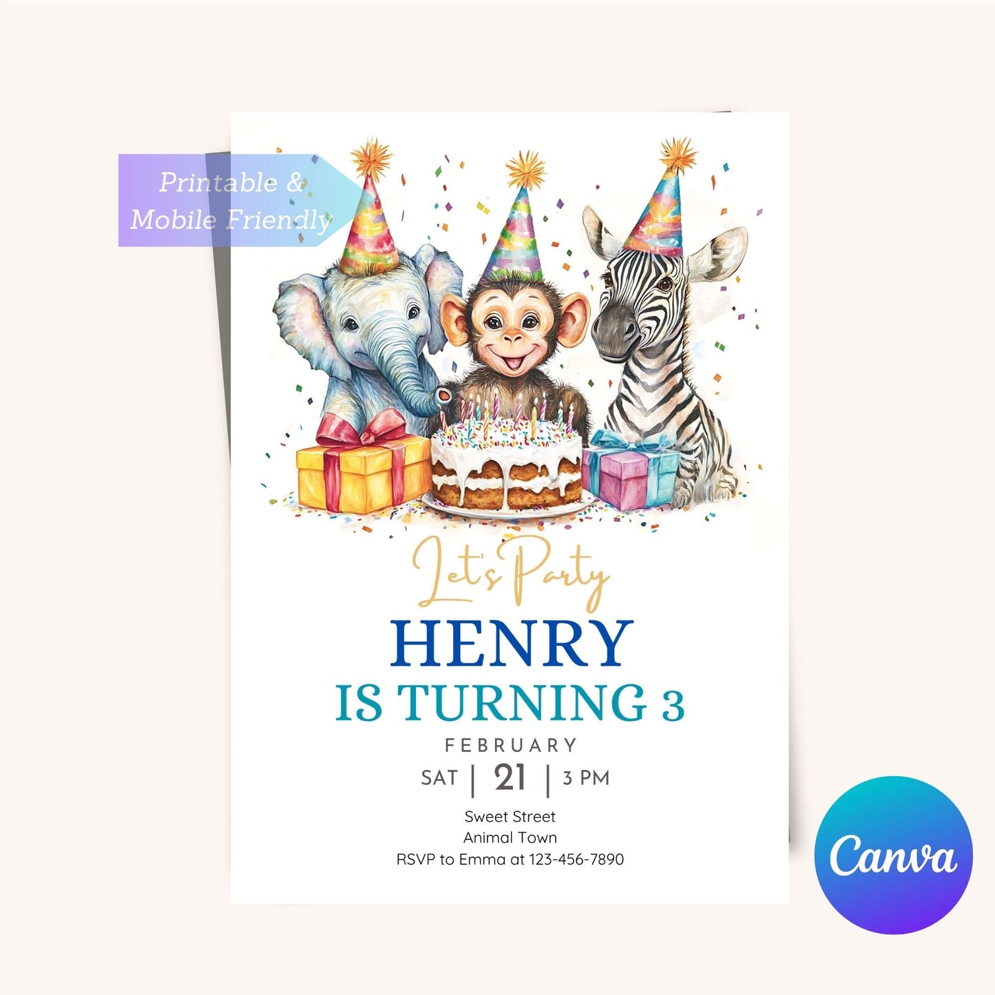 Wild adventure theme party invite with safari animals for kids' birthday.