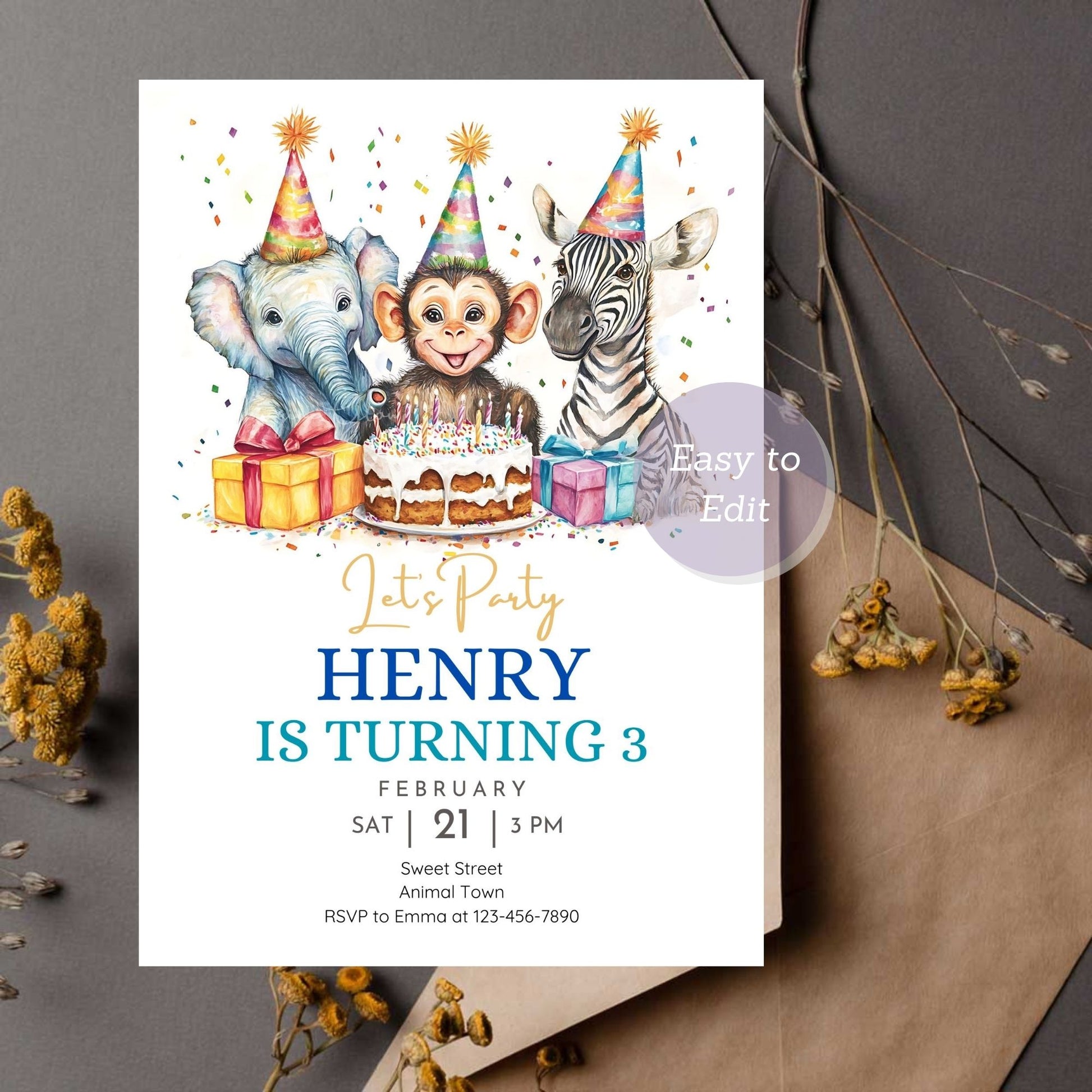 Fun jungle safari invitation for kids featuring monkey, elephant, and zebra.
Safari animals birthday invitation with editable design for jungle theme party.