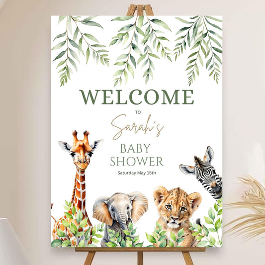 Customizable safari baby shower sign for jungle-inspired decor.