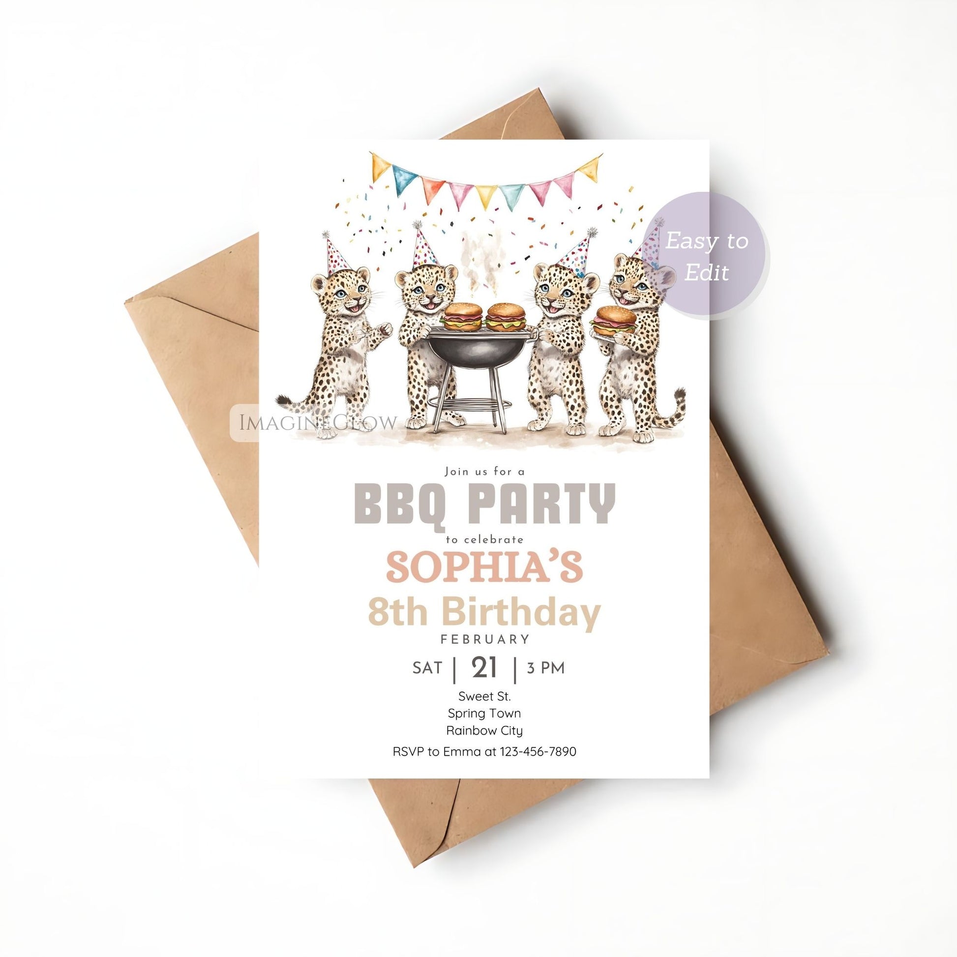 Printable cheetah-themed invitation for a jungle BBQ party.