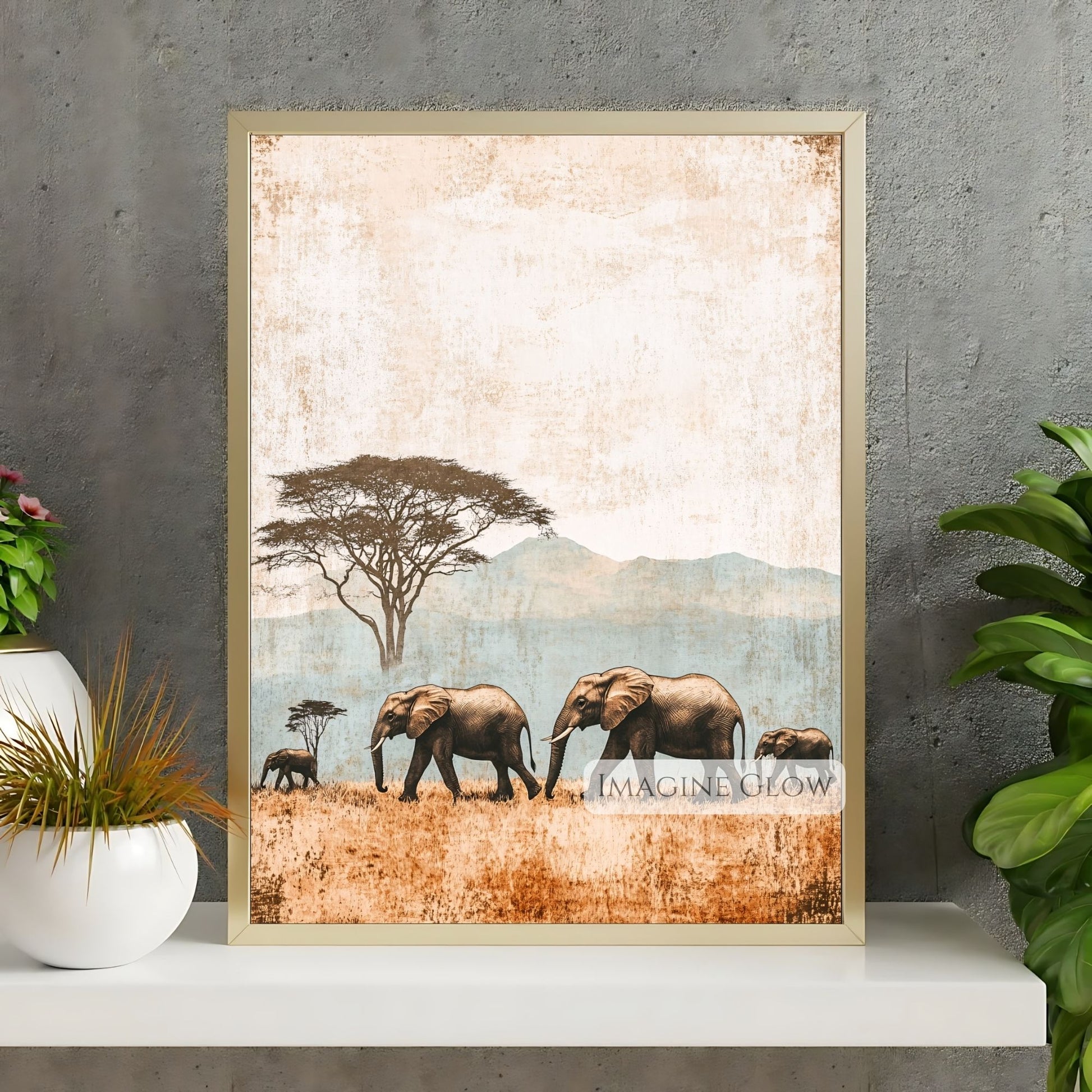 Vintage African elephant family art digital print.