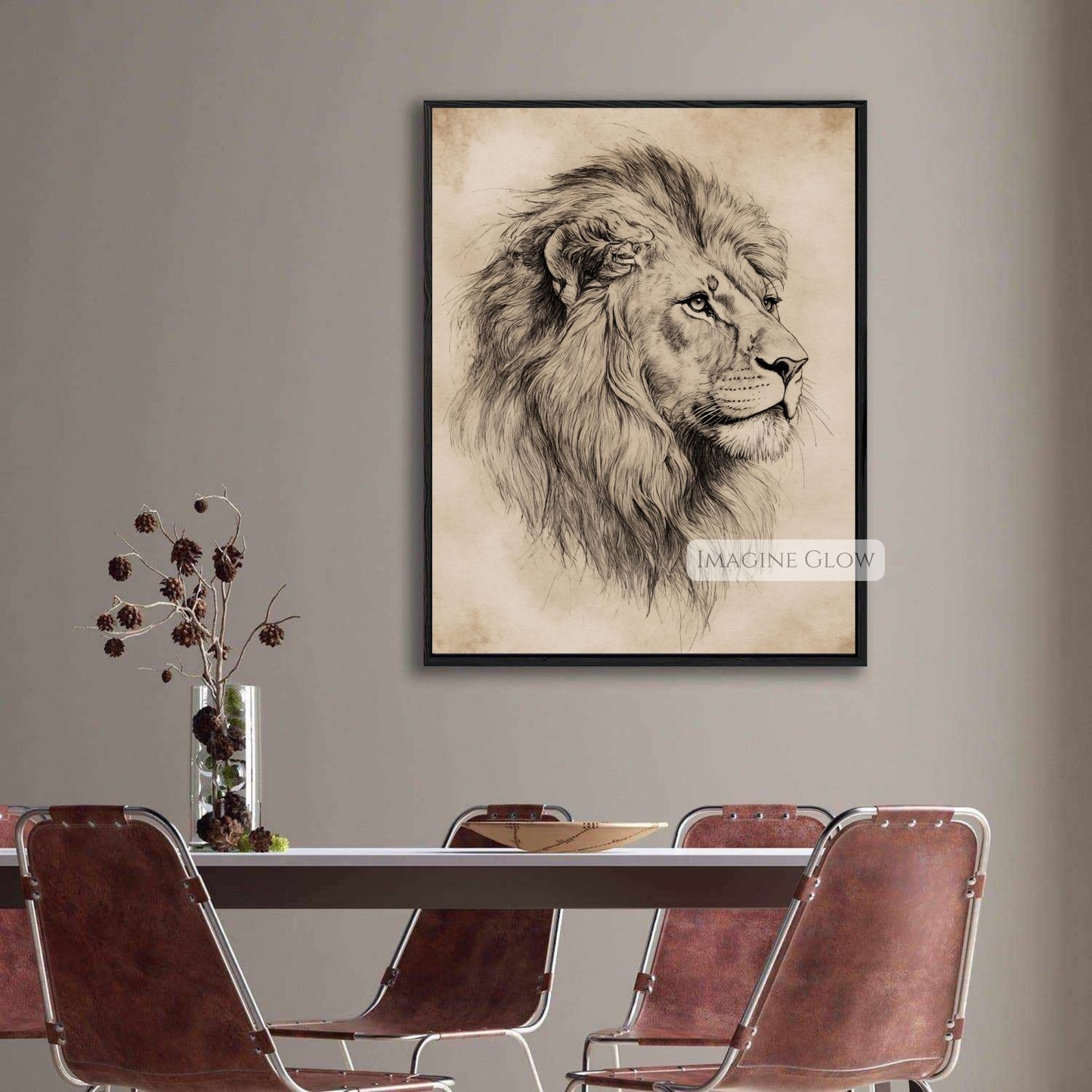 Regal lion art print for safari and rustic home decoration.