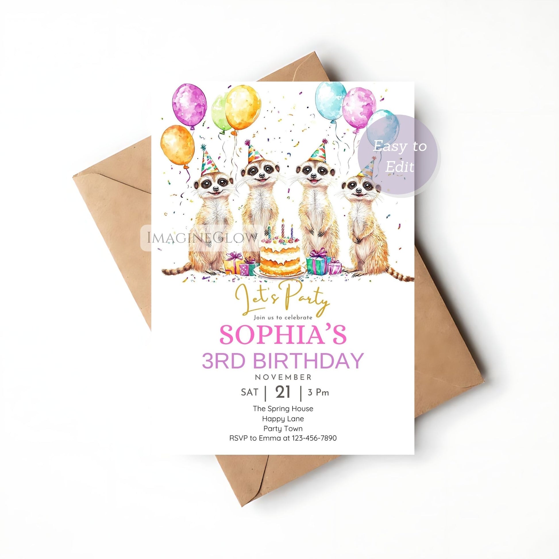 Printable meerkat theme birthday celebration invite