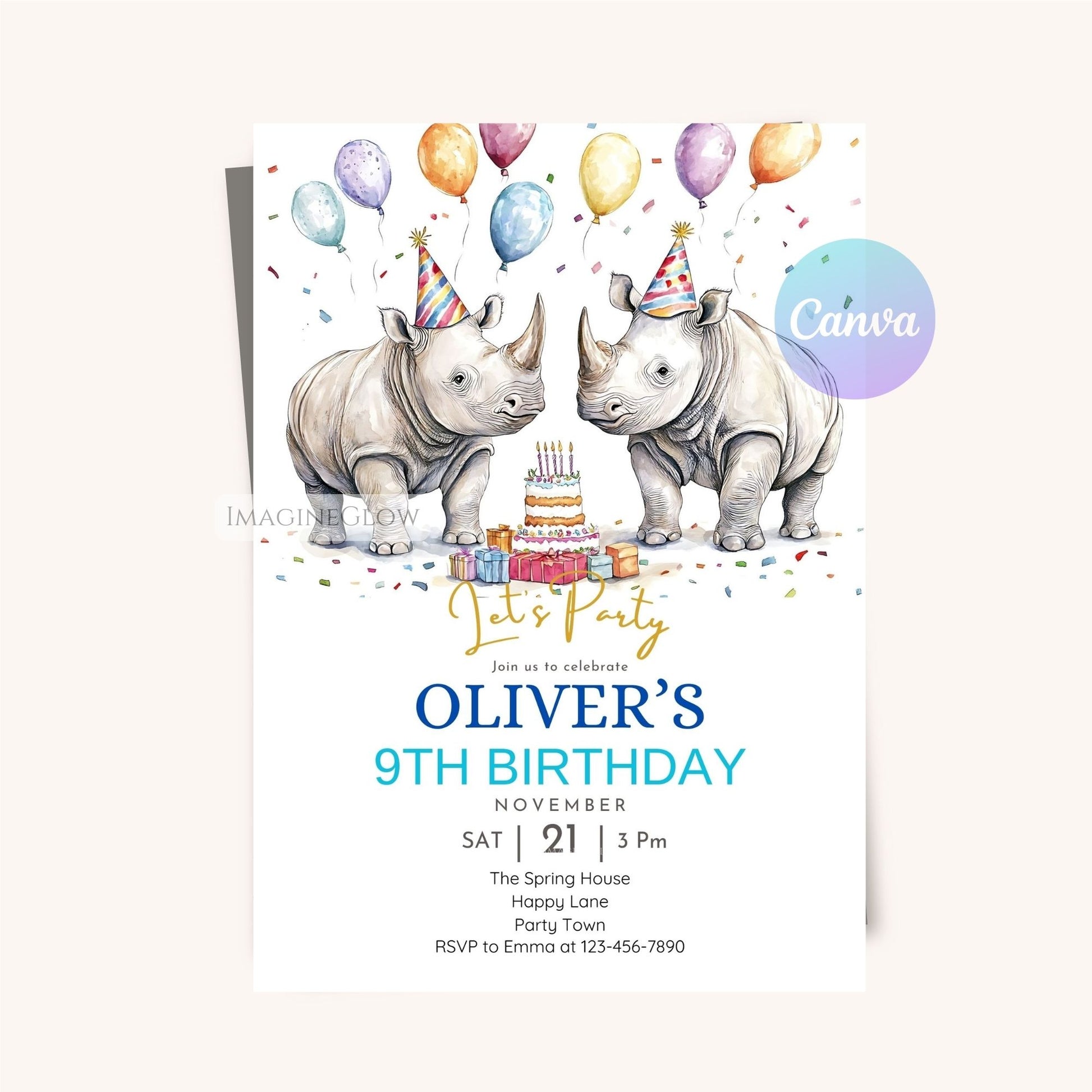 Editable Rhino Birthday Invitation - Wild Theme
