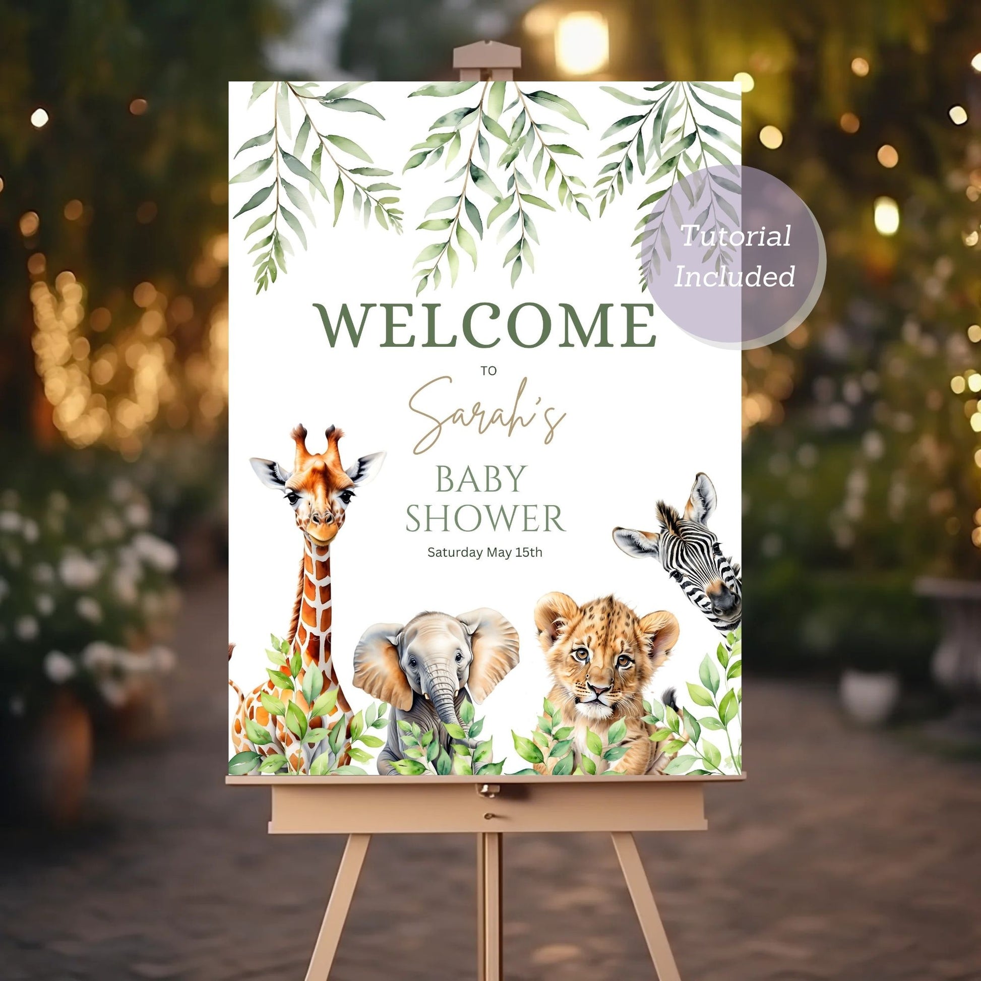 Safari jungle animals baby shower poster for party decoration.
Editable greenery baby shower sign with safari animals theme.