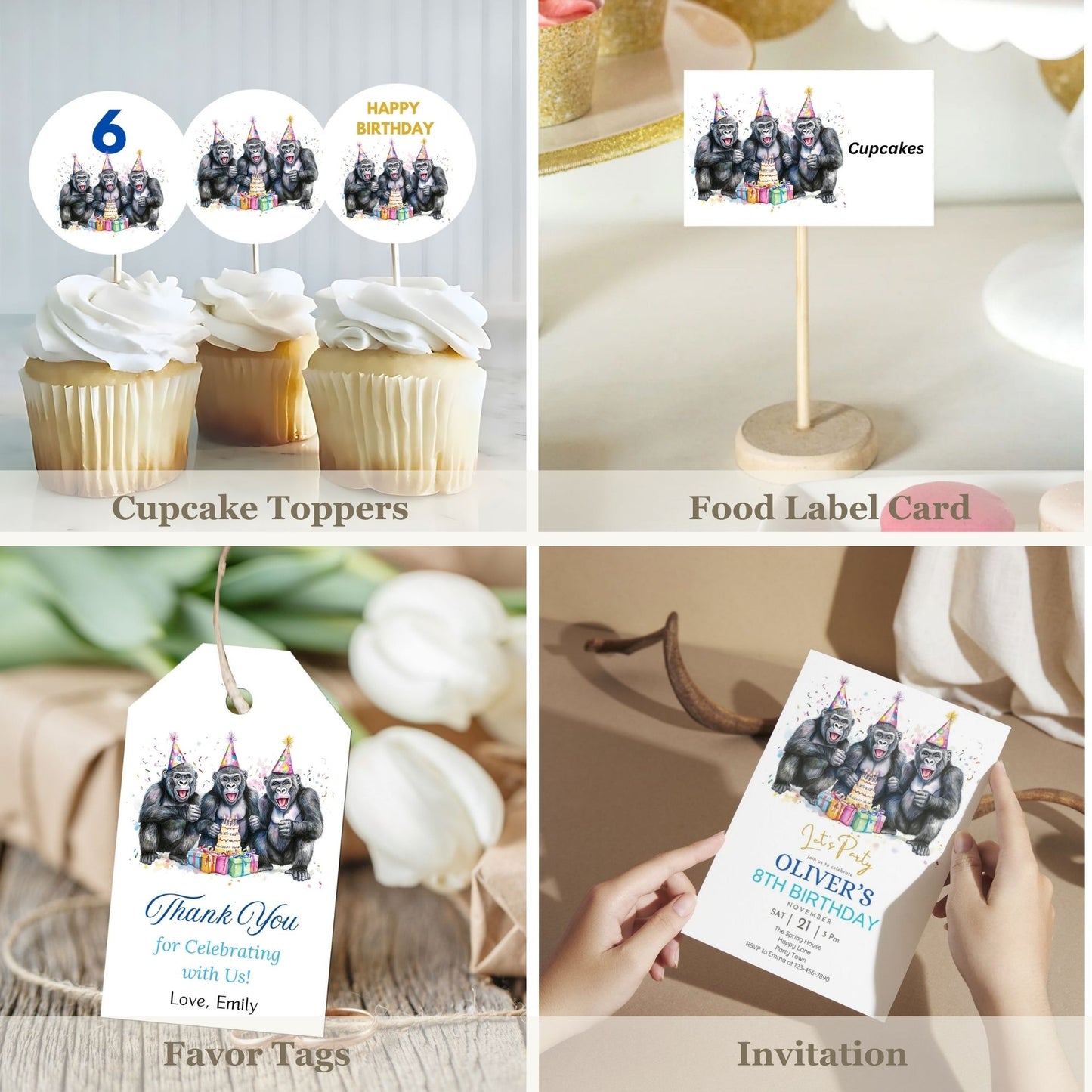 Collection of birthday party items including cupcake toppers, food label card, favor tags, and invitation with gorilla design.