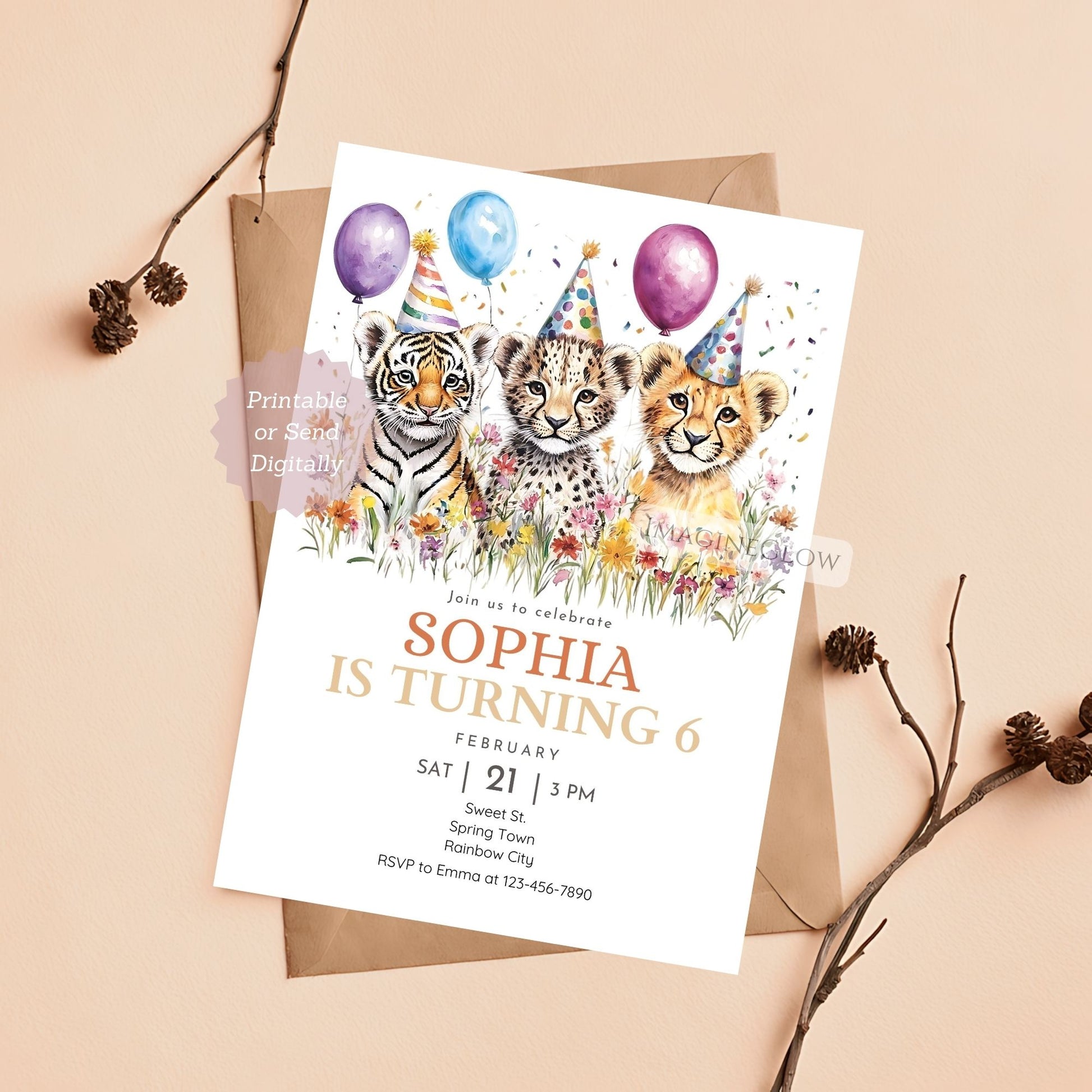 Safari animal-themed birthday party invitation
Baby tiger lion leopard watercolor invitation