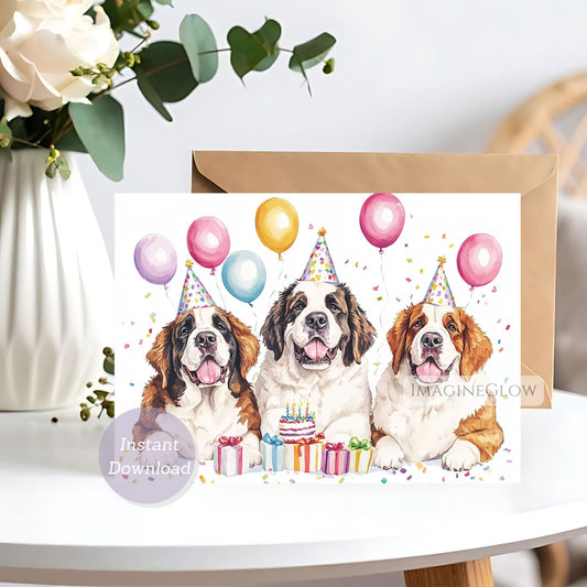 Birthday card with three Saint Bernard dogs wearing party hats, surrounded by balloons and a cake, on a white surface.