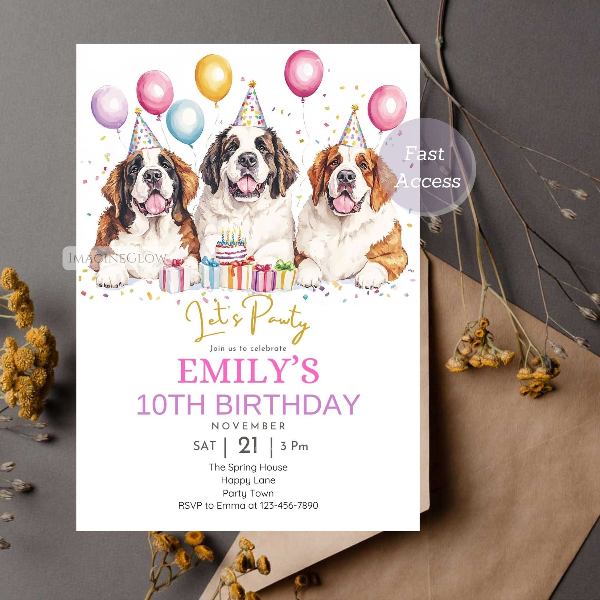 Saint Bernard dog birthday invitation with three dogs.
