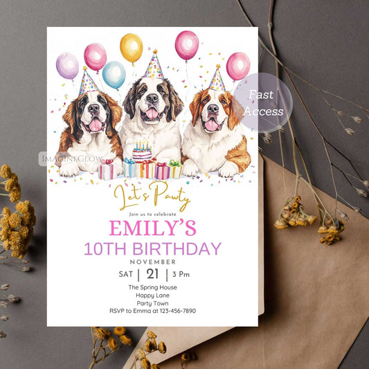 Saint Bernard dog birthday invitation with three dogs.