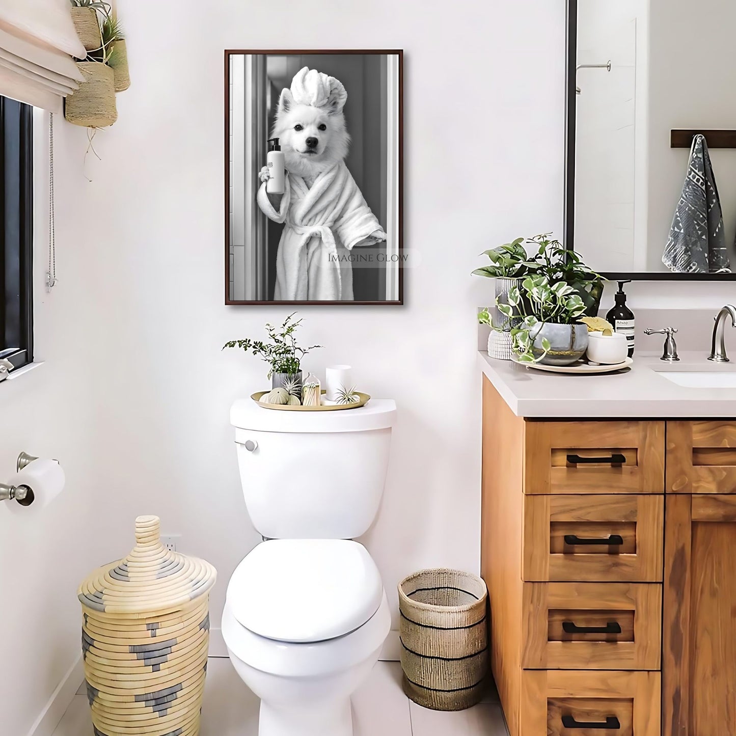Funny bathroom decor with Samoyed dog in bathrobe style