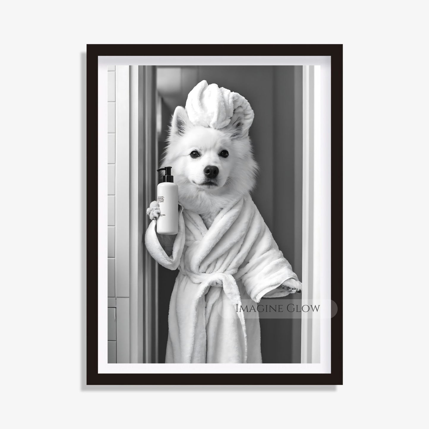 Stylish black-and-white Samoyed bathroom art print