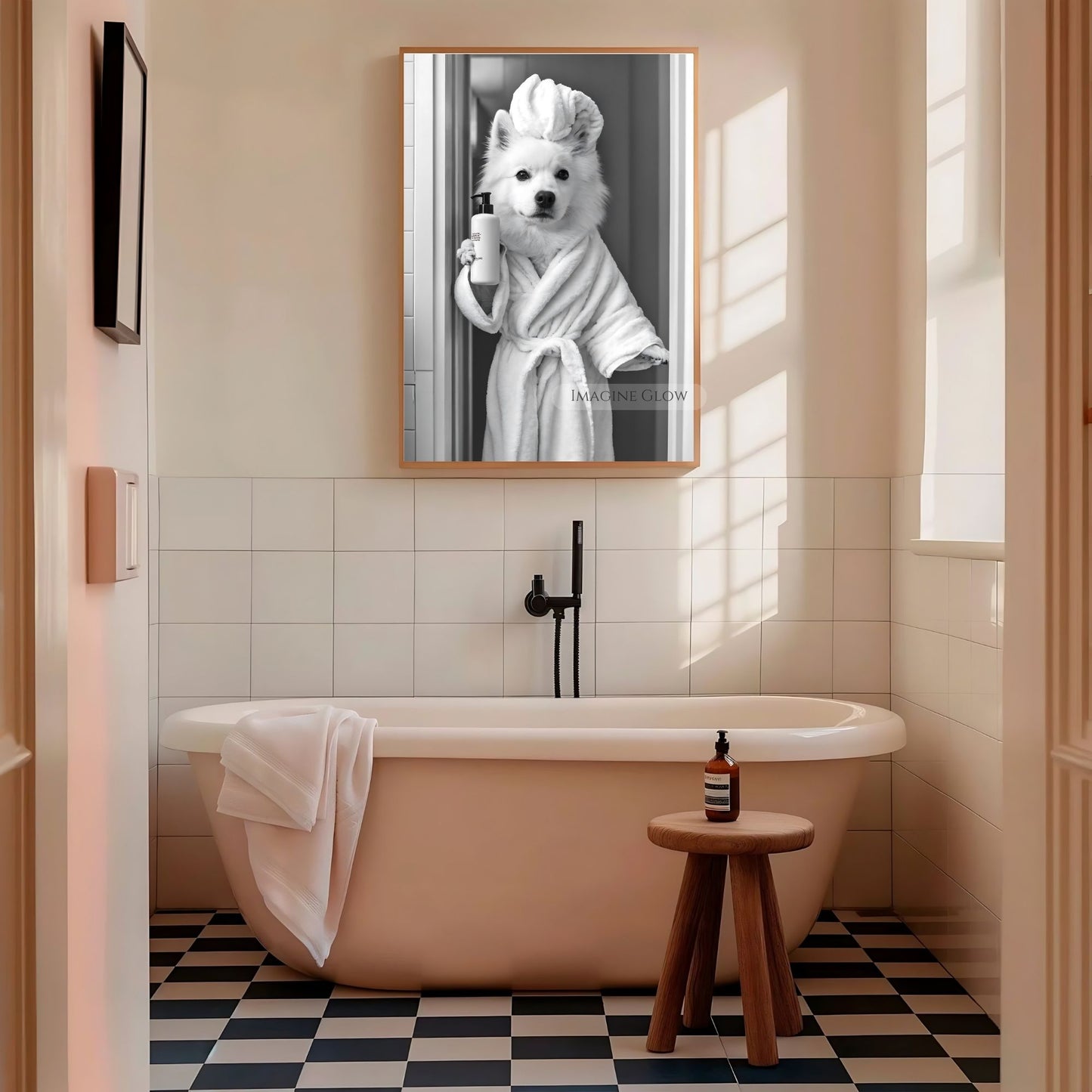 Monochrome Samoyed wall art for dog-themed bathroom decor