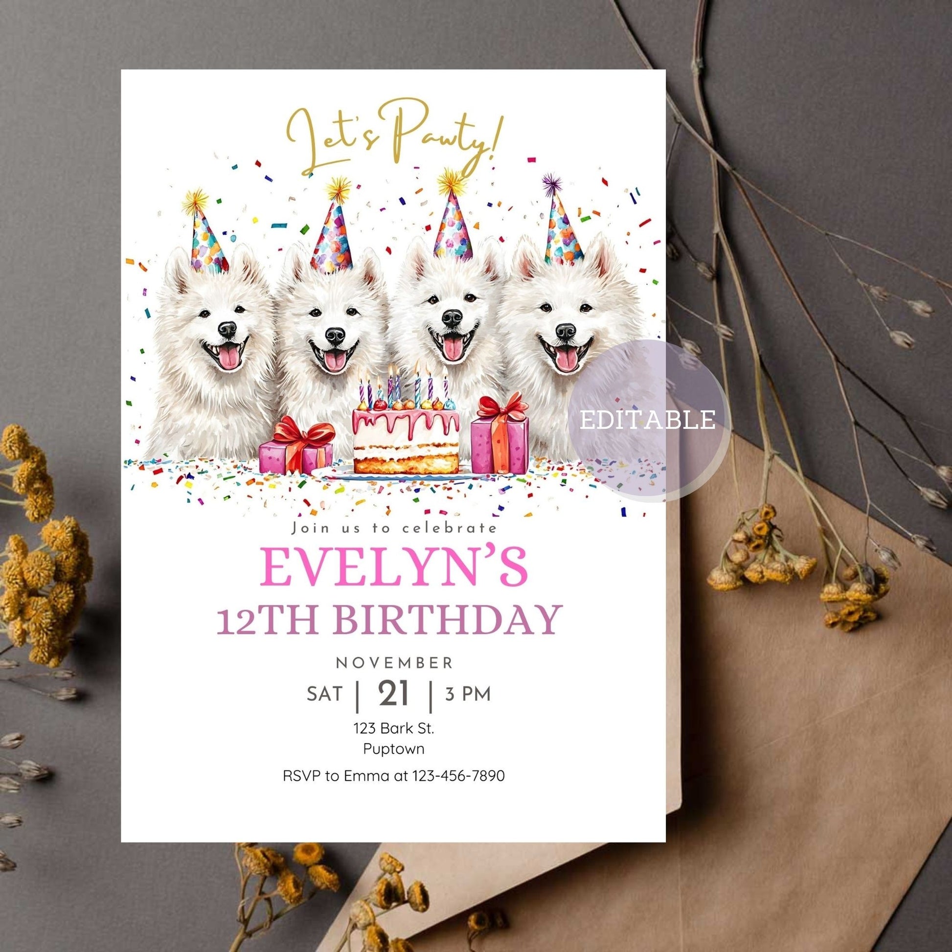 Samoyed dogs birthday invitation for pet-themed celebrations.