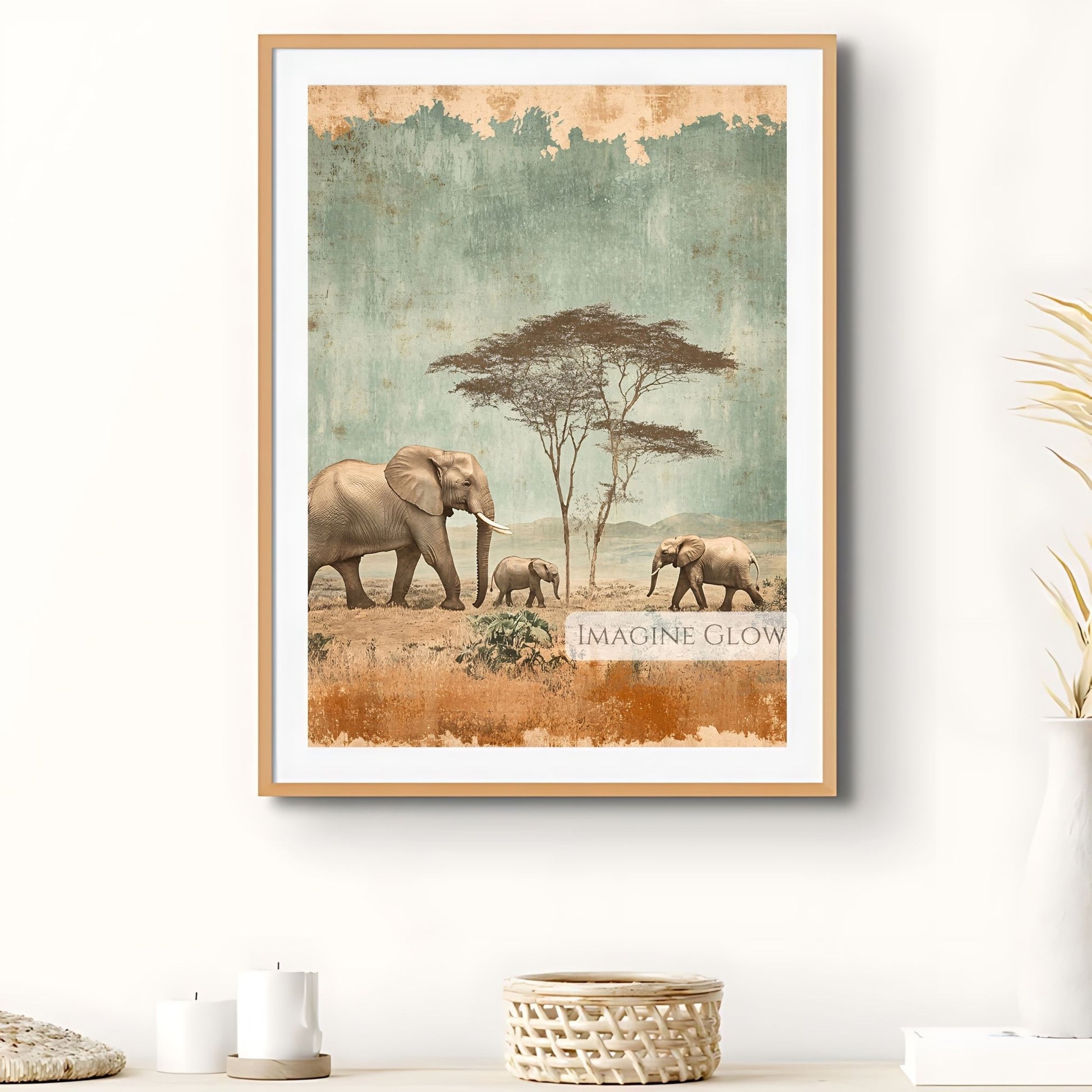 Rustic elephant family artwork in a savanna setting.