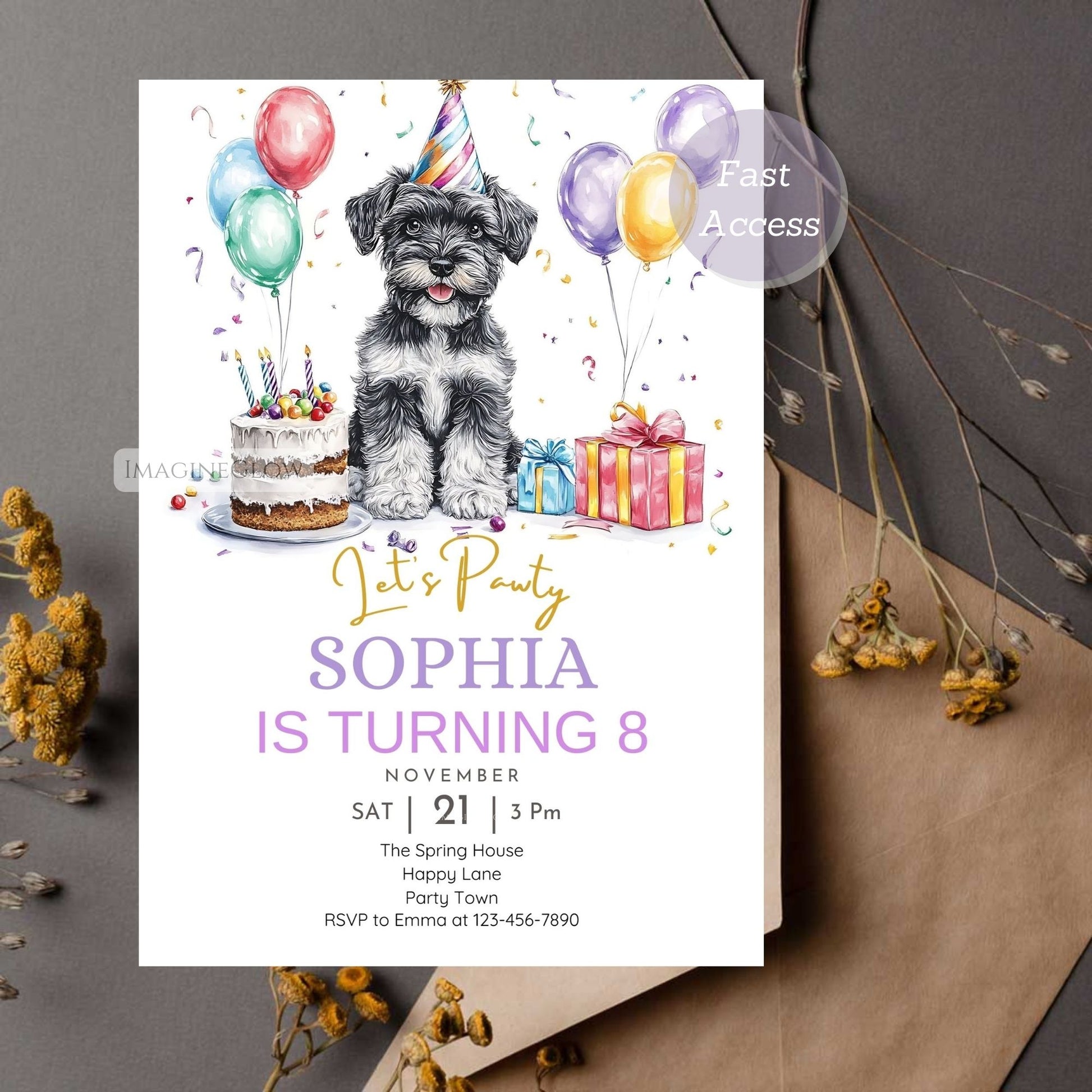 Customizable Schnauzer birthday invitation card.