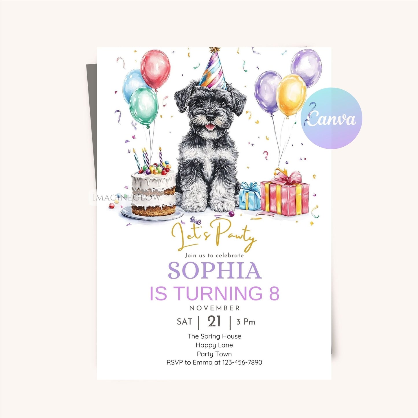 Digital Schnauzer dog birthday invitation template.