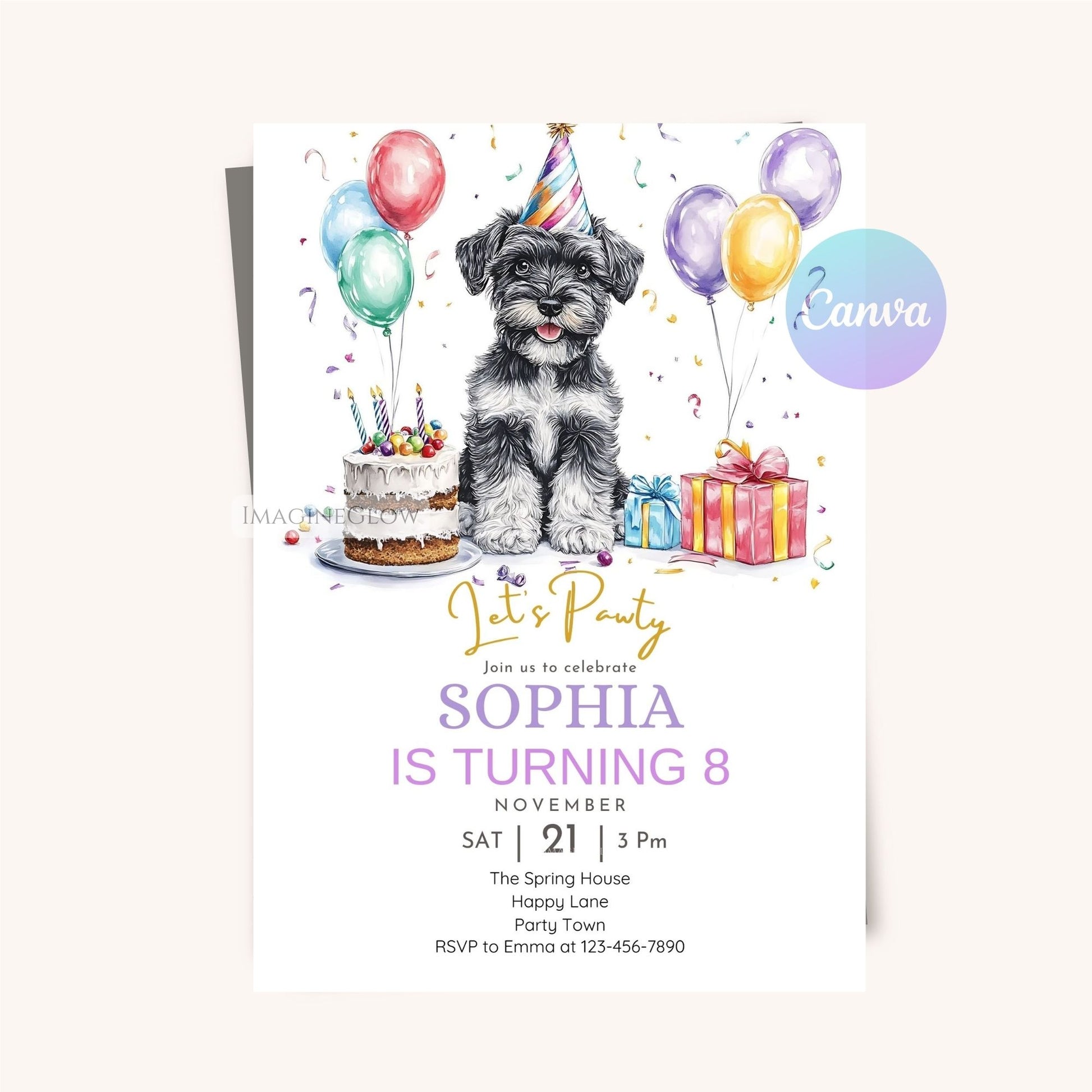 Digital Schnauzer dog birthday invitation template.
