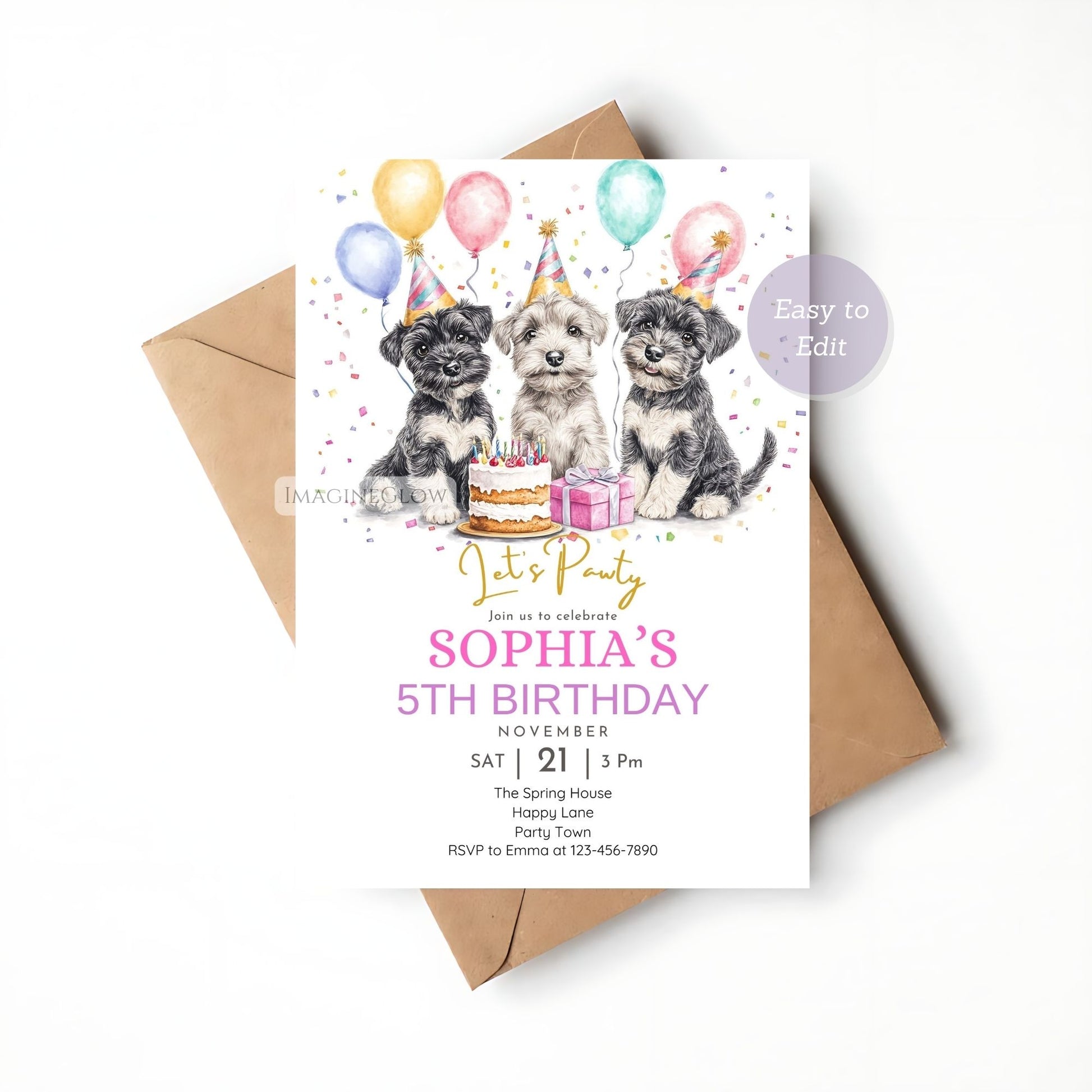 Printable Schnauzer dog party invitation.
Editable Schnauzer puppy pawty invite.