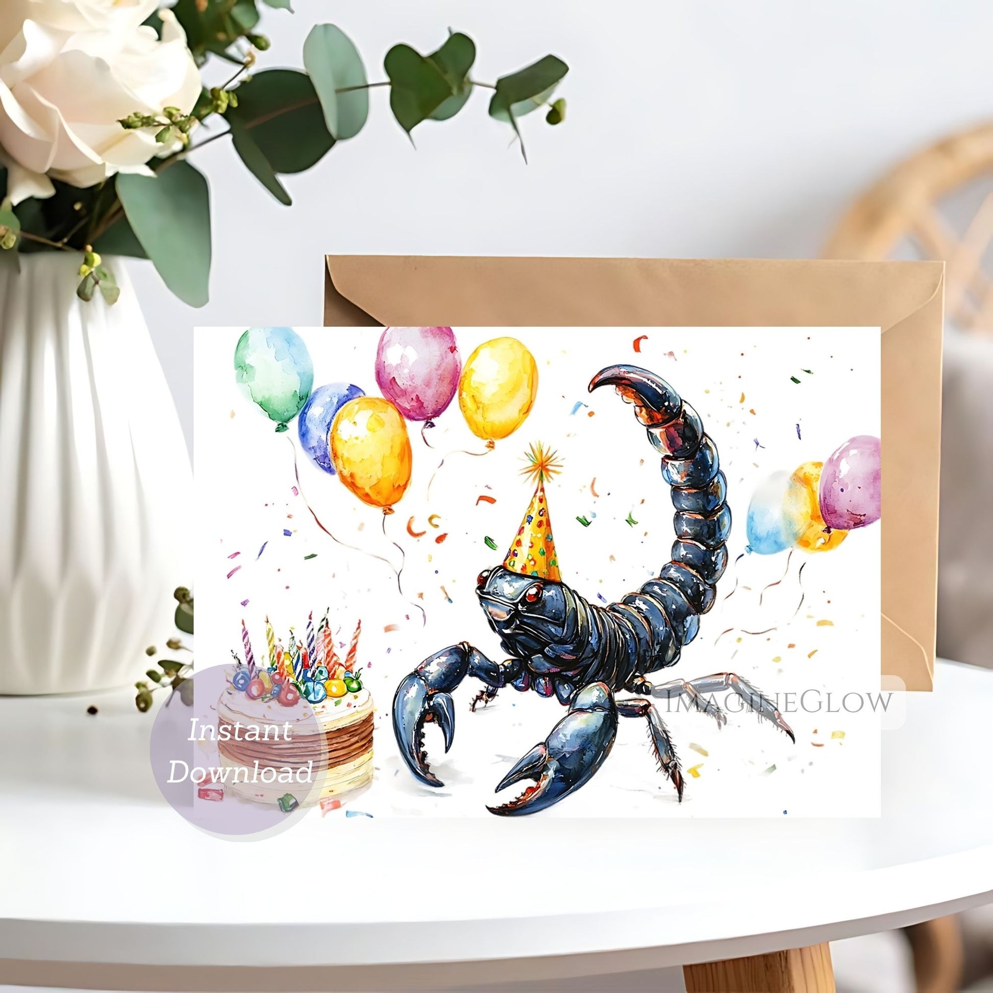 Greeting card with a scorpion wearing a party hat, balloons, and a cake on a white surface.
