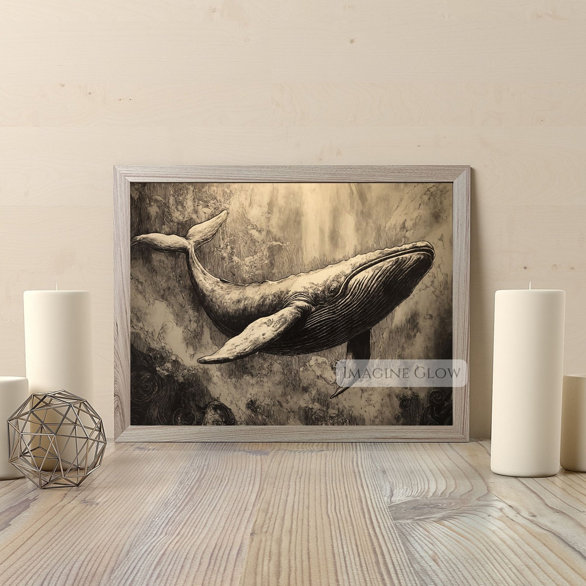 Coastal whale print for sea-inspired interior design.
Minimalist whale sketch wall art for marine lovers.