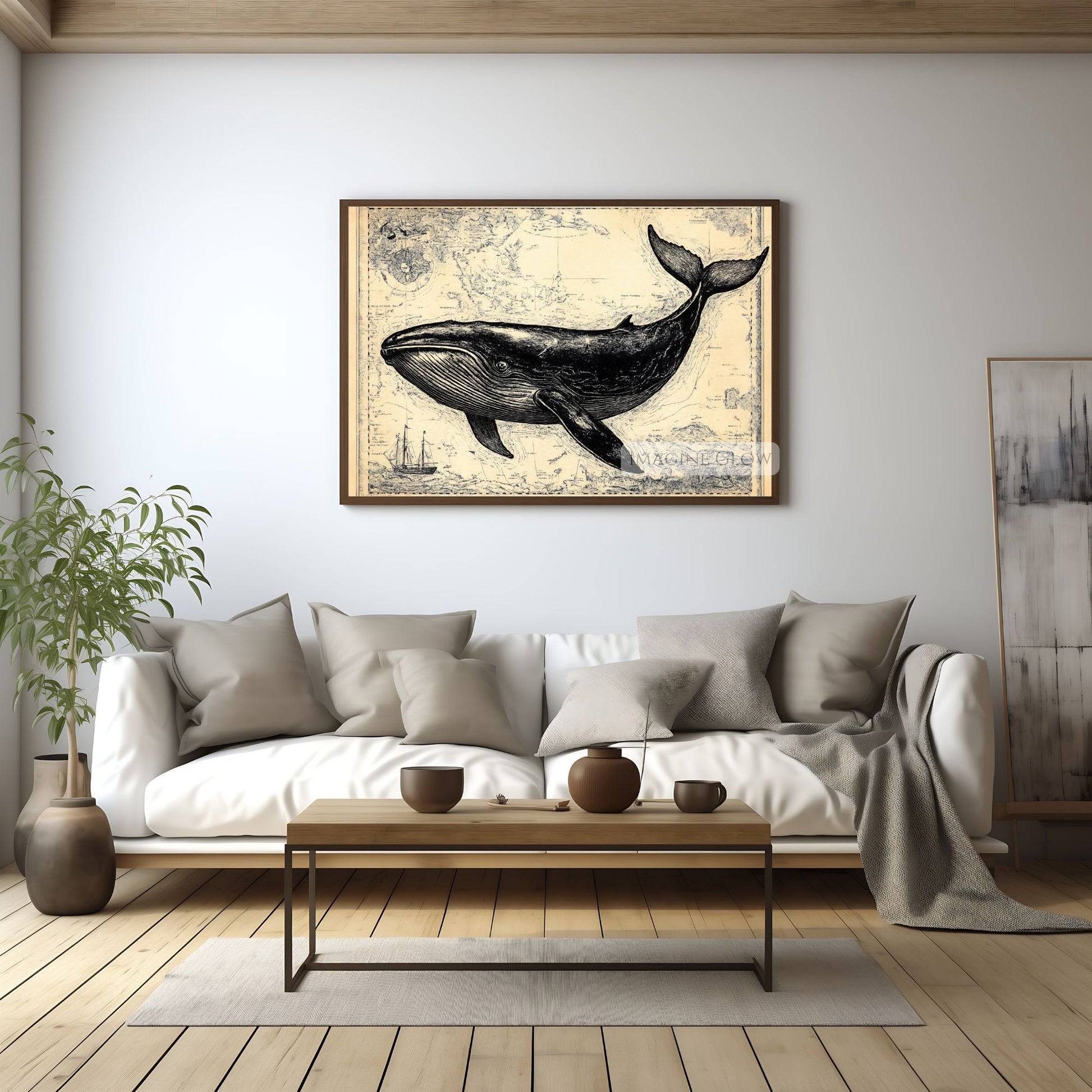 Black and white whale drawing for home decor.