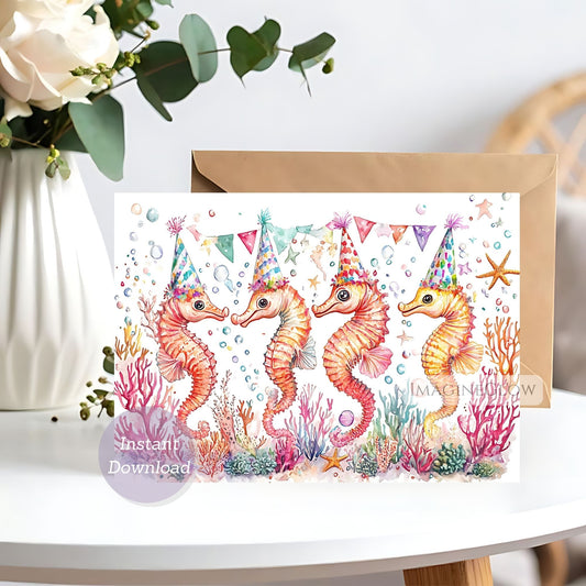 Colorful seahorse illustration with party hats on a card, surrounded by flowers and plants.