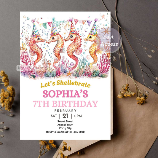 Cute marine animal birthday invitation
Printable seahorse birthday card