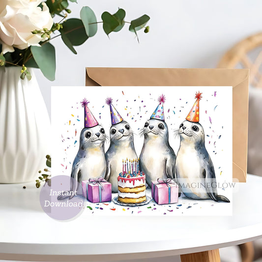Birthday card with four seals wearing party hats around a cake and presents, with a white background.