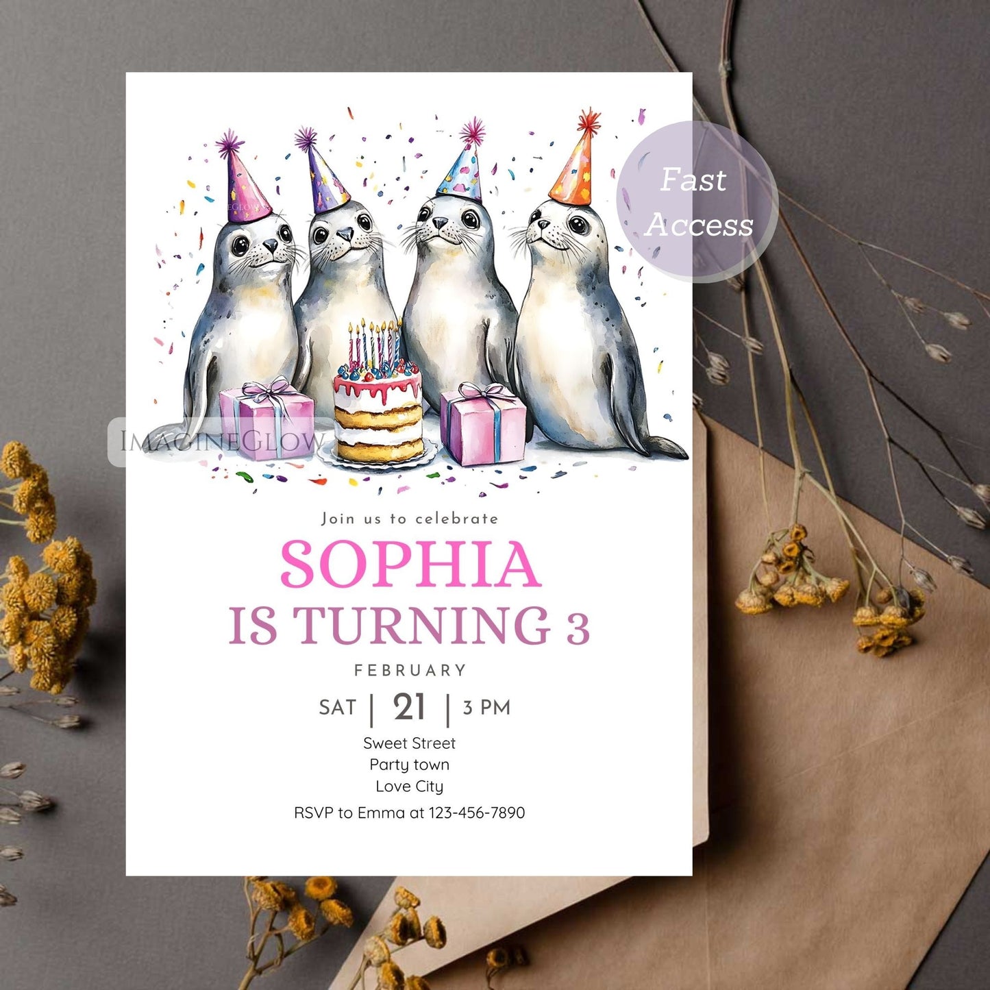 Seal Birthday Invitation - Cute Ocean Animal Party Invite Template