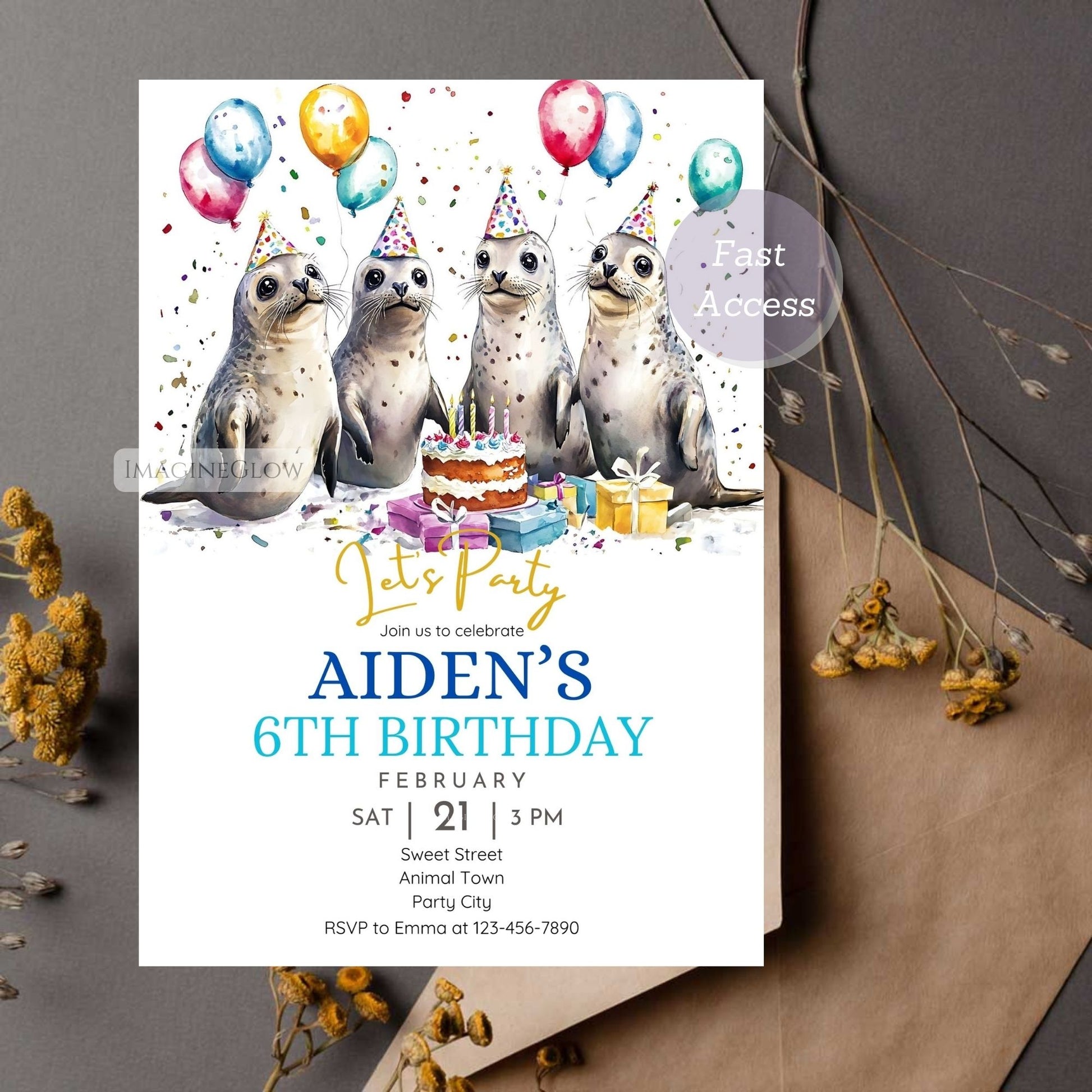 Cute marine animal party invitation
Editable seal-themed birthday invite
