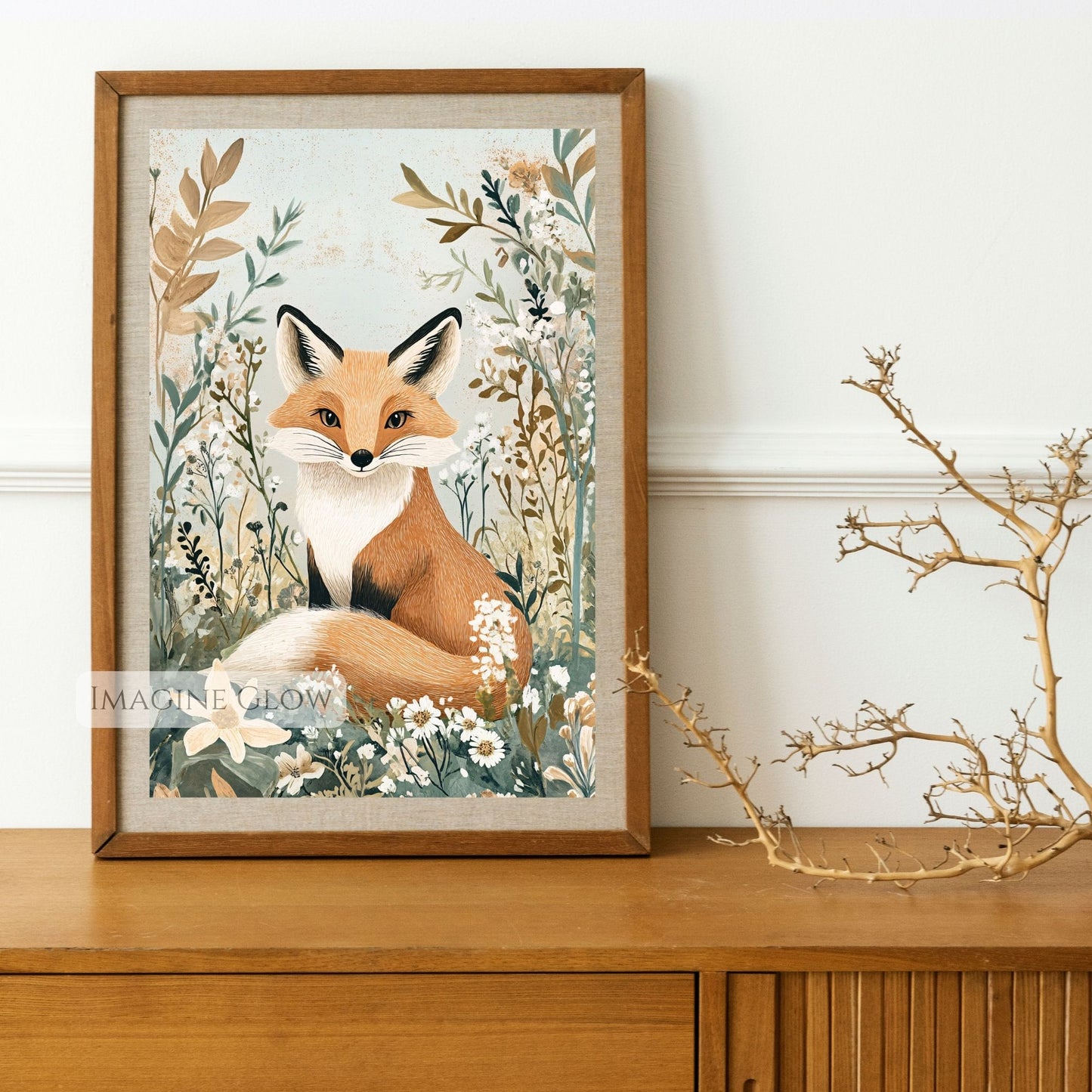 Fox and botanical elements rustic wall decor.