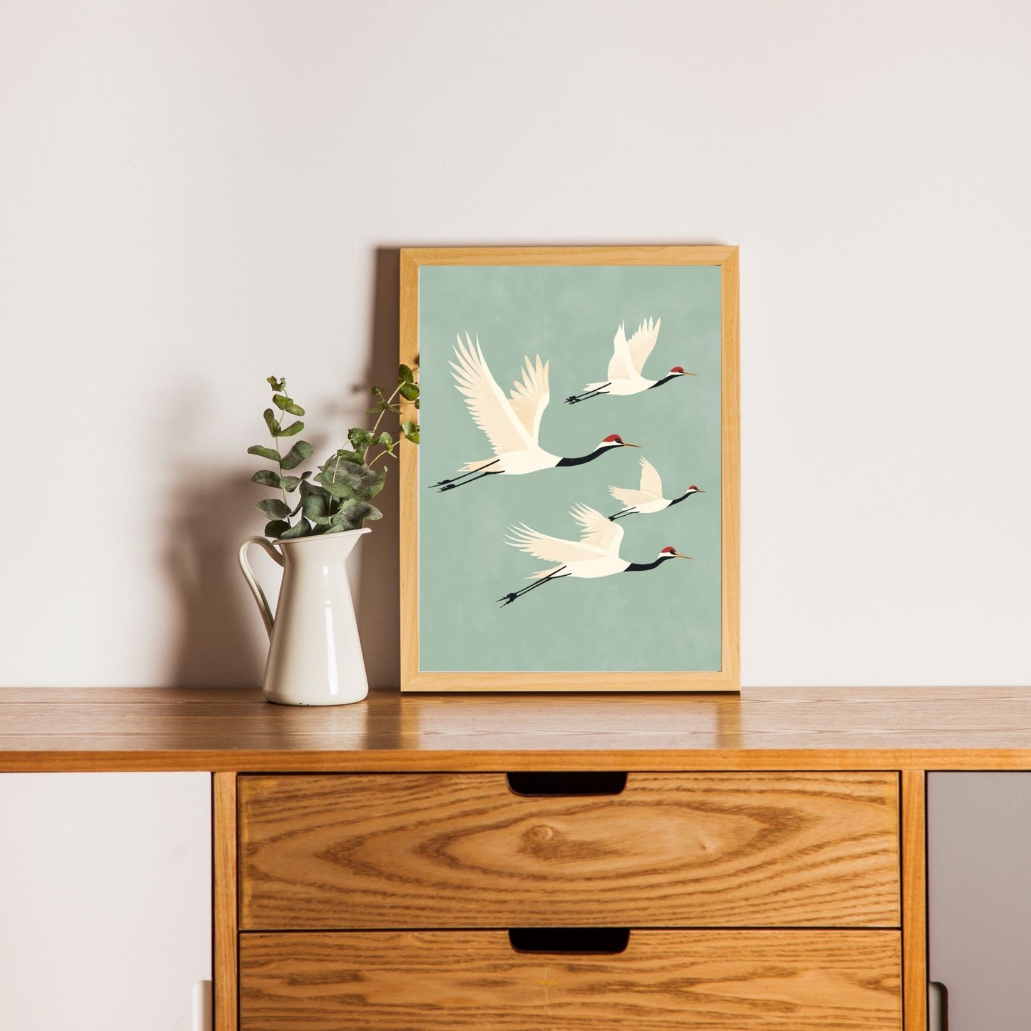 Antique Japanese art of cranes in flight, wall print.