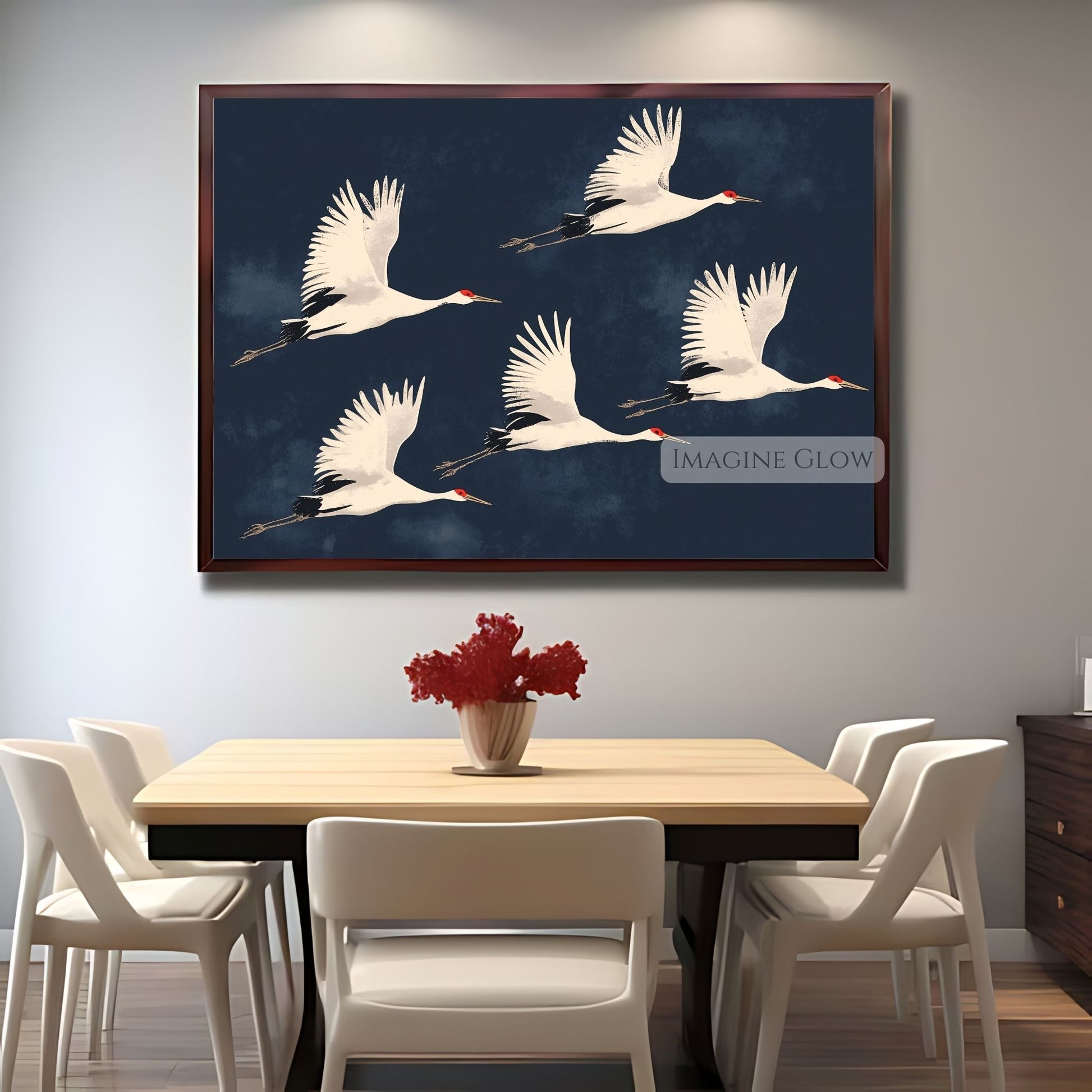 Elegant bird art print with Japanese crane painting.