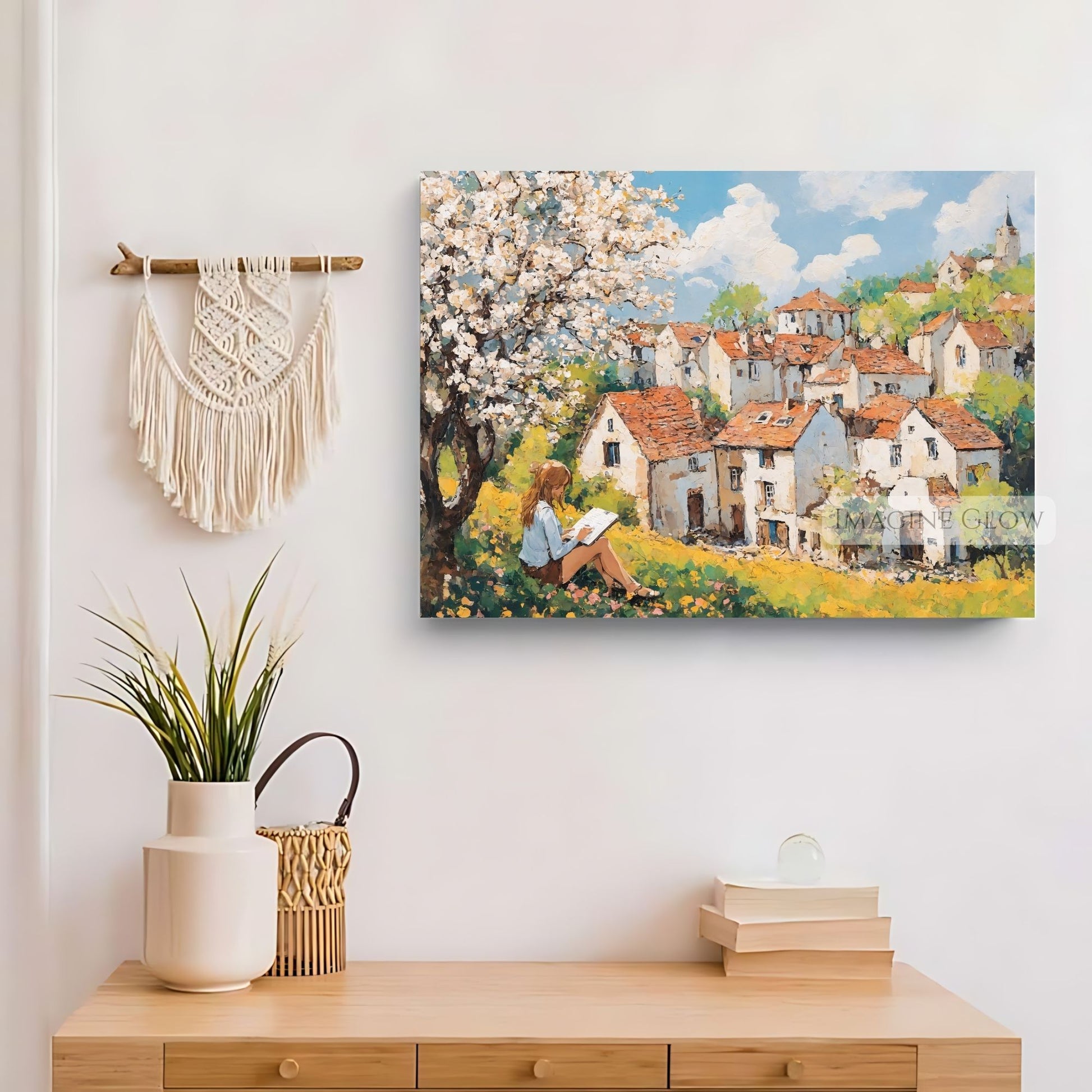 Tranquil book lover’s illustration with soft pink blossoms.