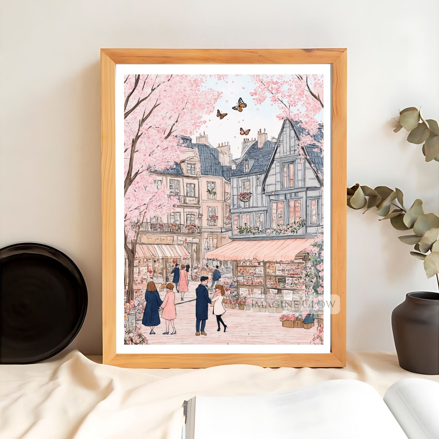 Whimsical spring town illustration with floral-lined streets.