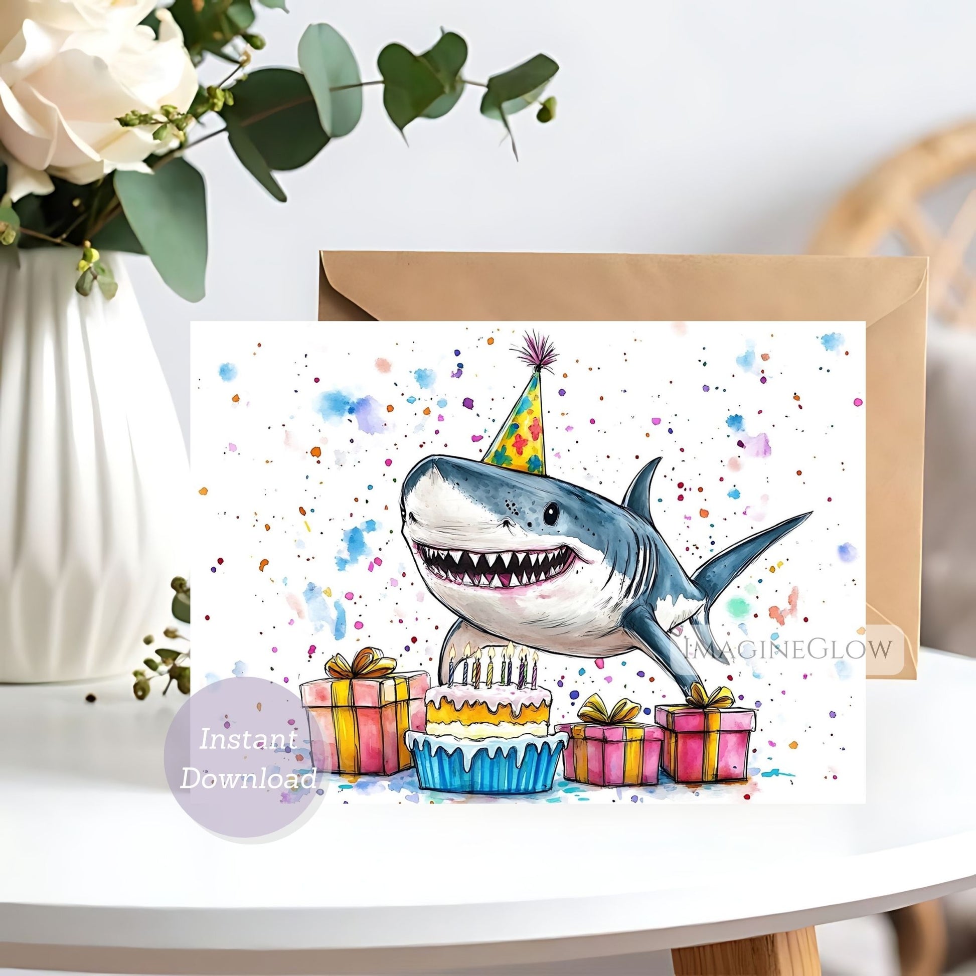 Birthday card with a shark wearing a party hat, cake, and presents on a white surface with flowers in the background.