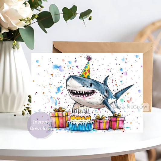 Birthday card with a shark wearing a party hat, cake, and presents on a white surface with flowers in the background.