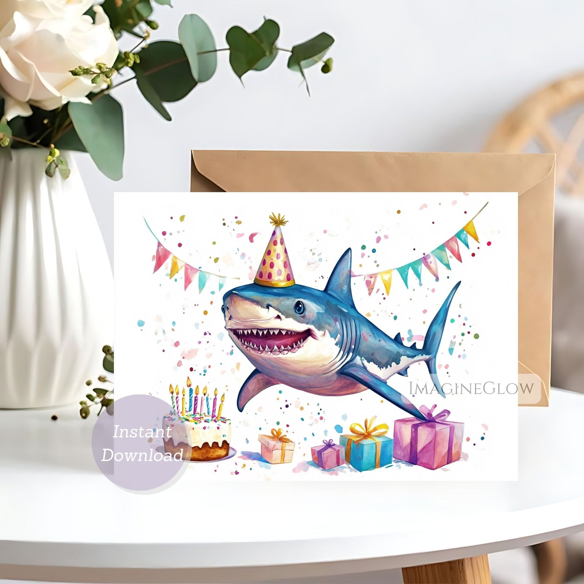 Birthday card with a shark wearing a party hat, surrounded by presents and a cake, on a white background.
