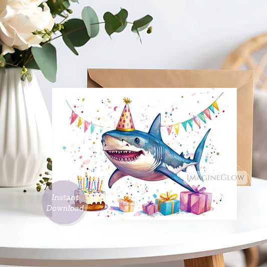 Birthday card with a shark wearing a party hat, surrounded by presents and a cake, on a white background.