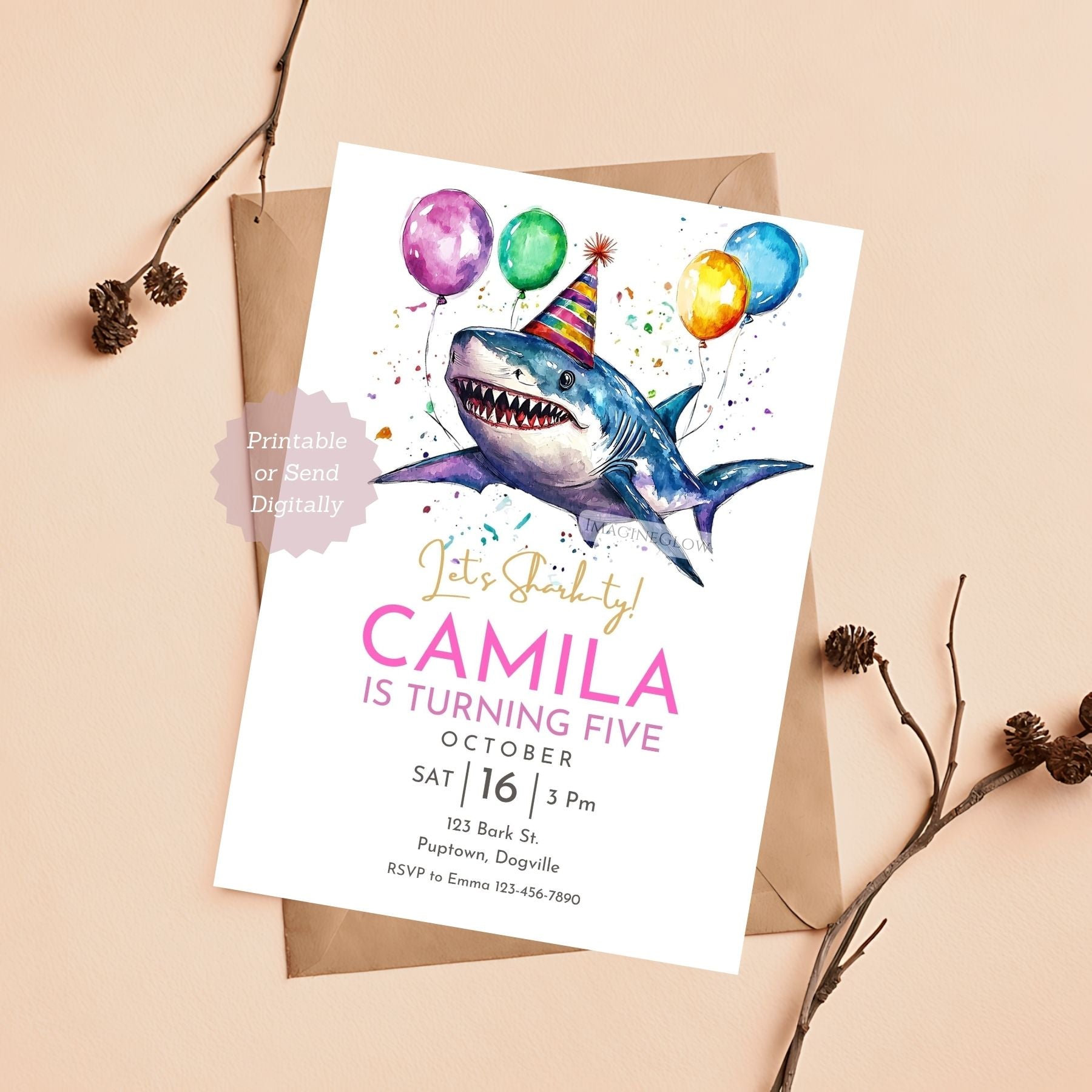 Customizable shark party invitation digital download