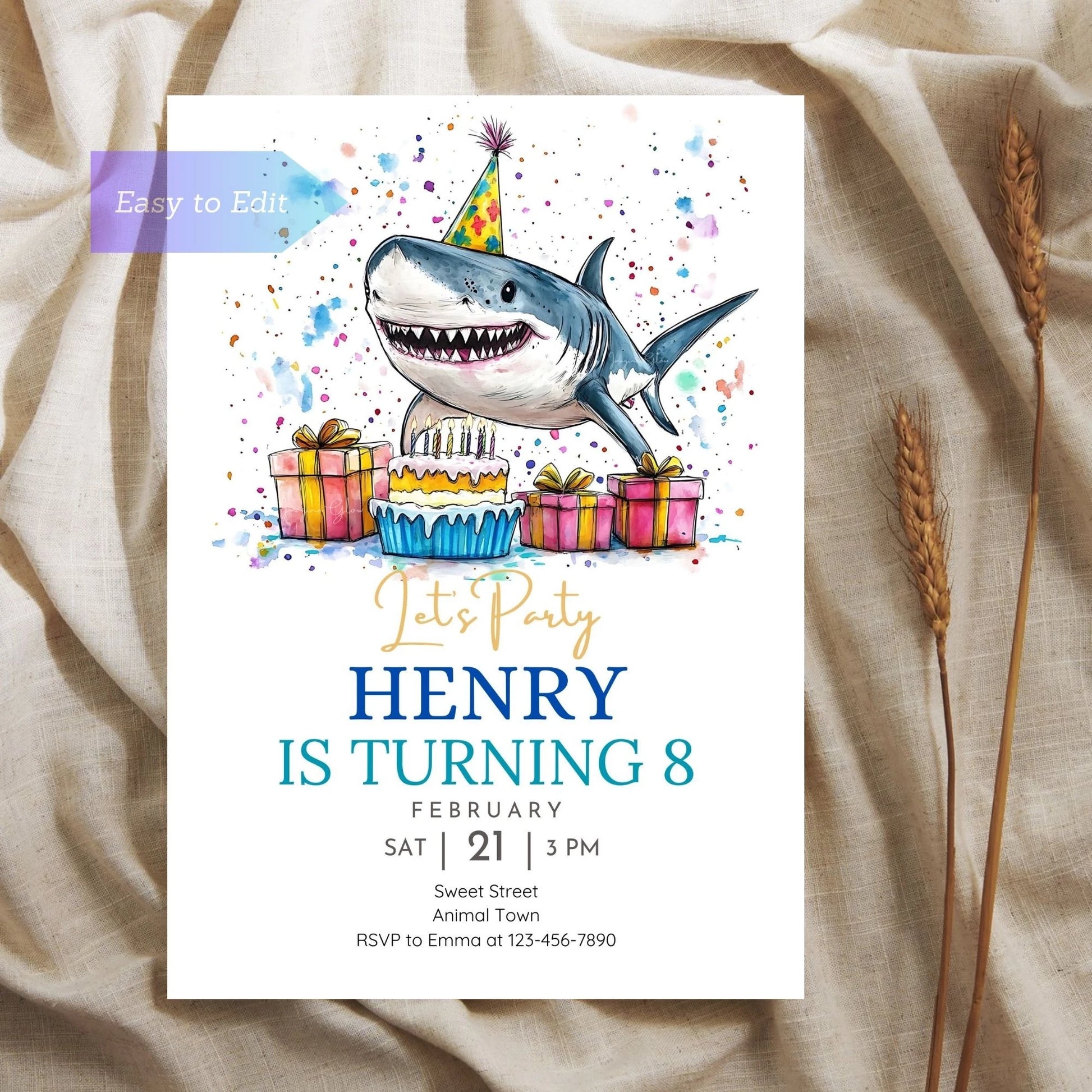 Customizable shark party invite for kids’ birthday parties.