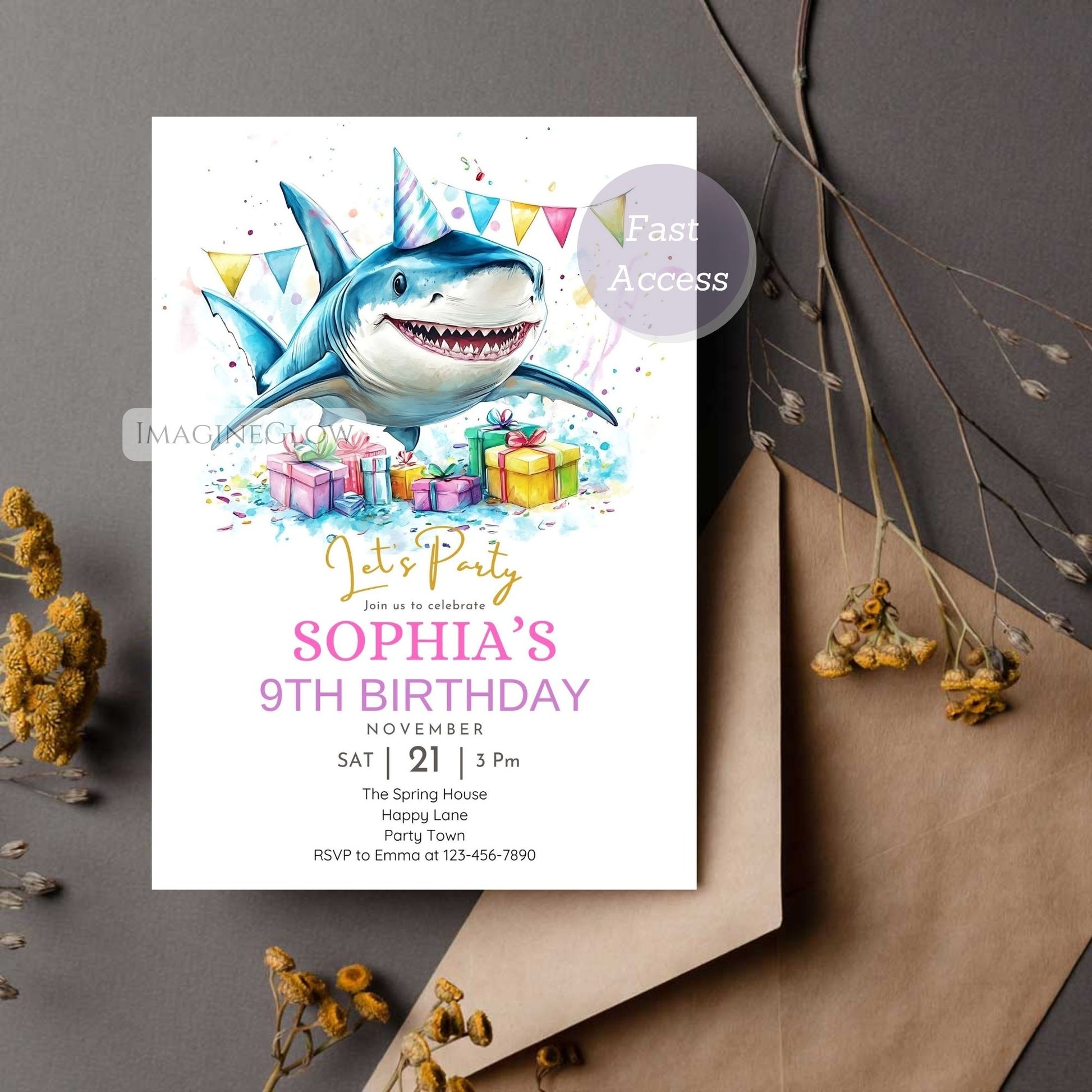 Blue shark birthday invitation with bold text
Shark attack kids birthday invite digital file
