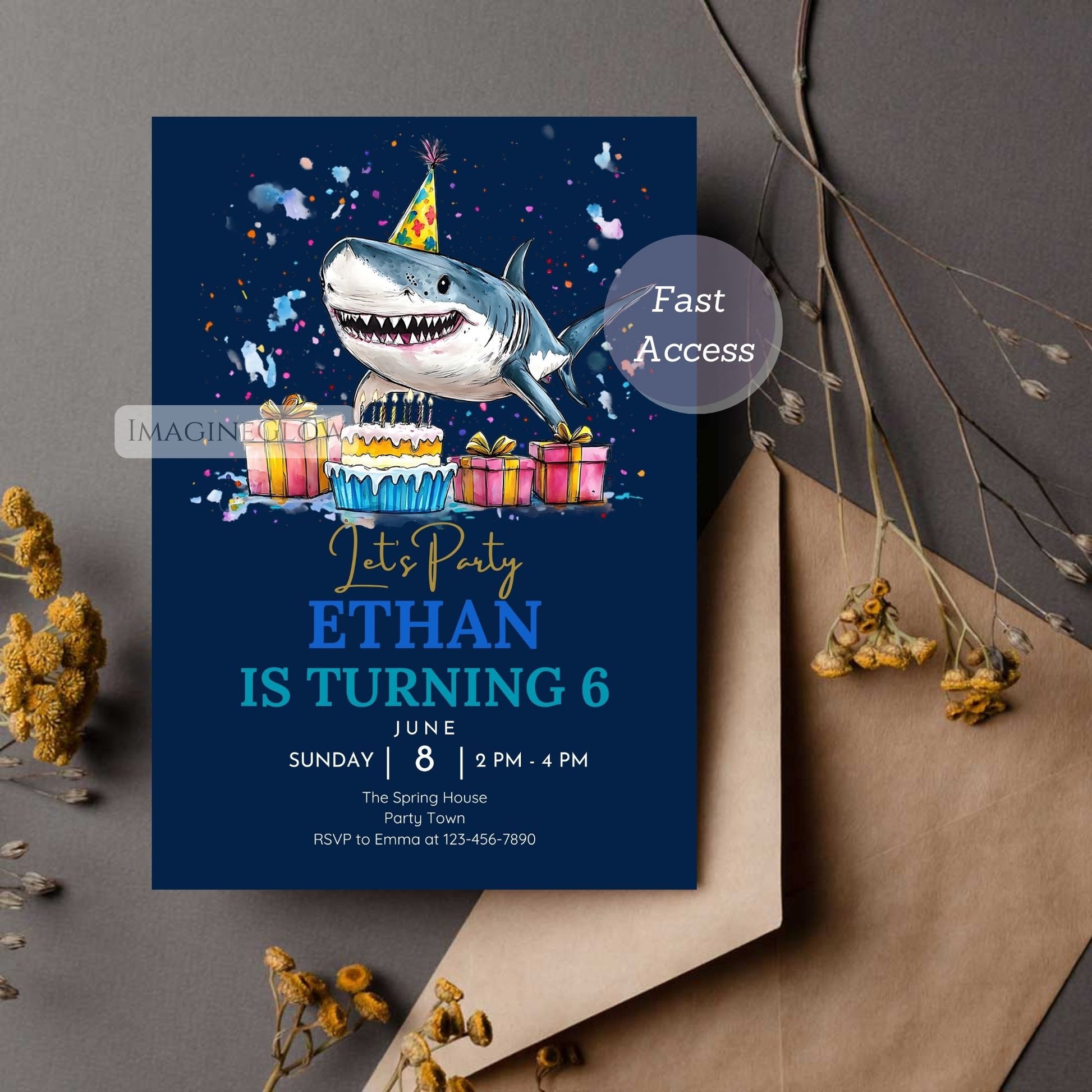 Birthday party invitation with shark on a dark blue background