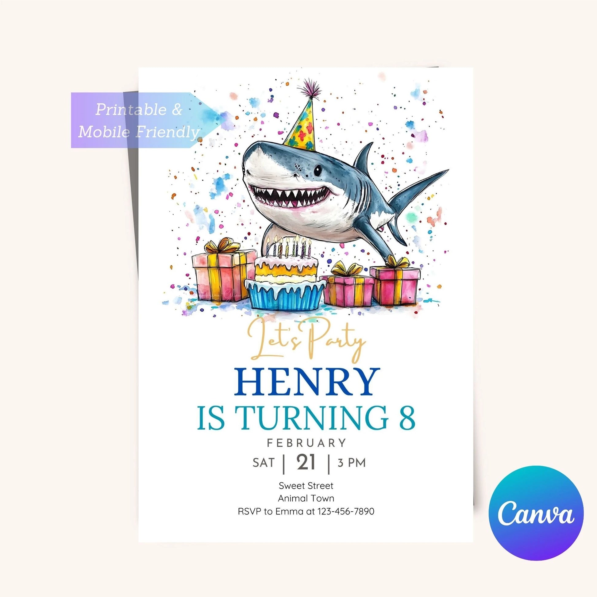 Fun shark birthday card with ocean theme for boys and girls. Editable shark-themed birthday party invitation.
Playful shark party invite with customizable details.