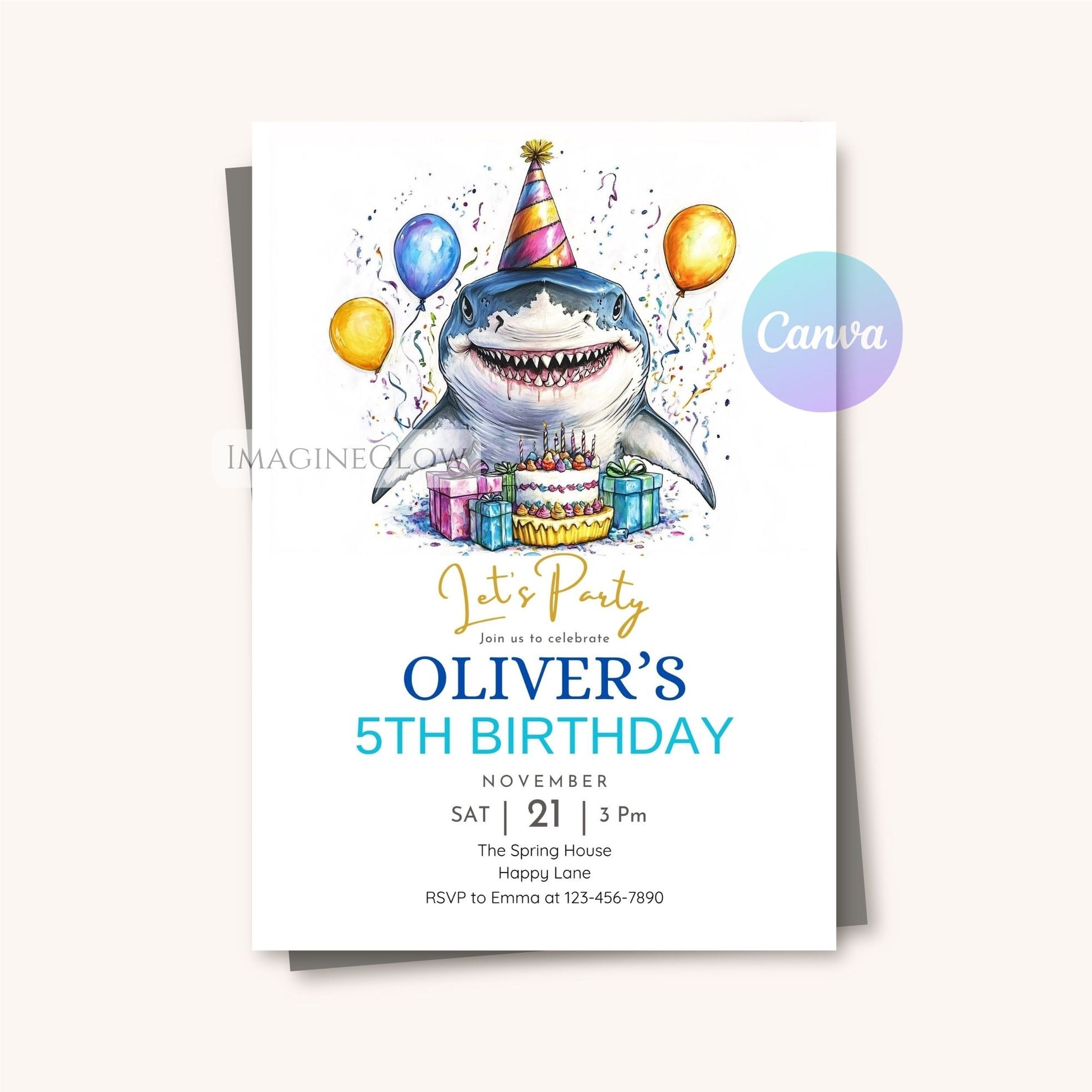 Birthday invitation card with a shark character and party elements on a white background