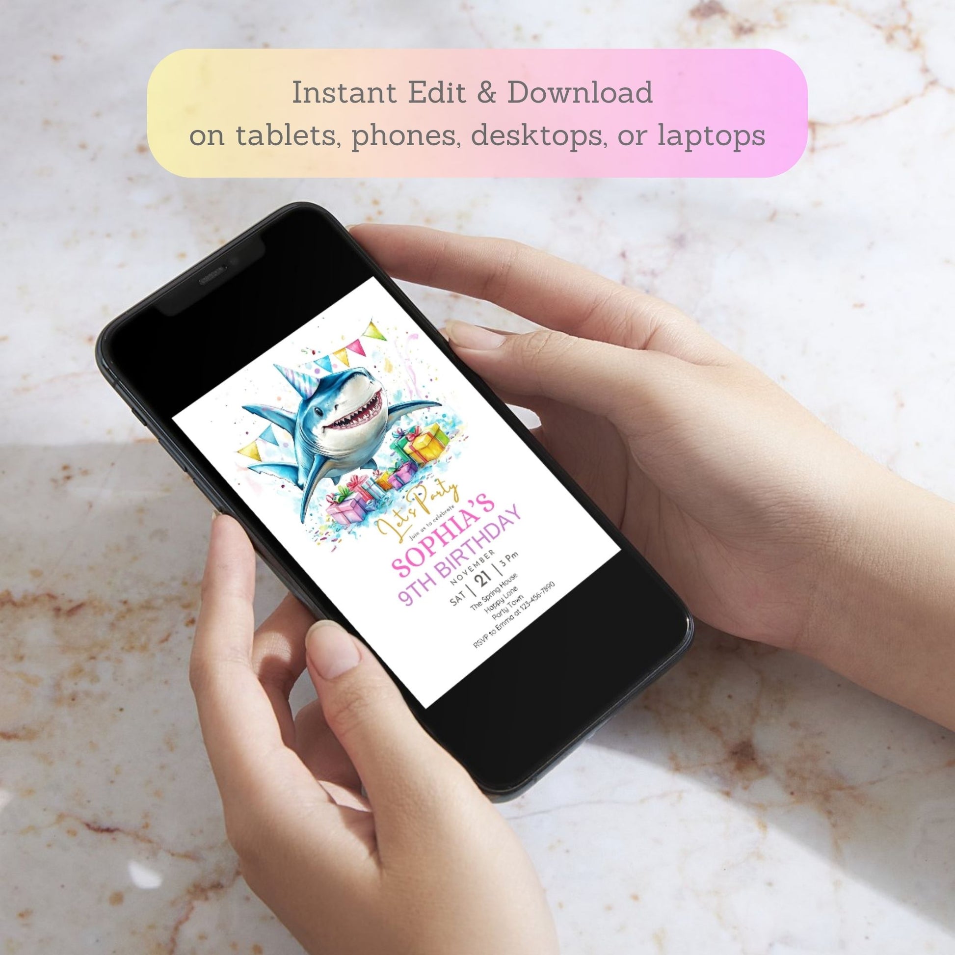 Ocean party invitation with shark illustration
Fun shark birthday invite editable in Canva