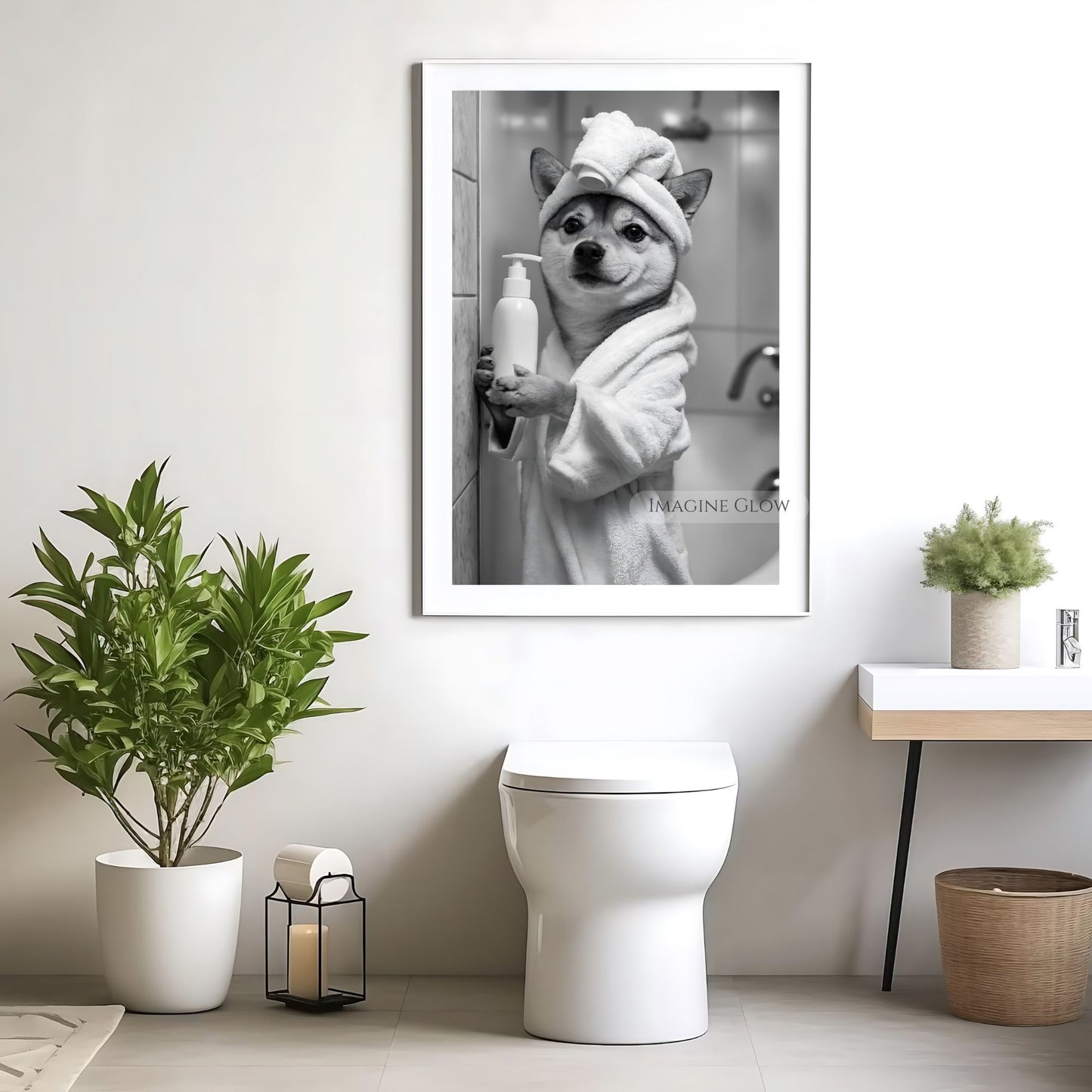 Stylish Shiba Inu bathrobe photo art for bathroom walls